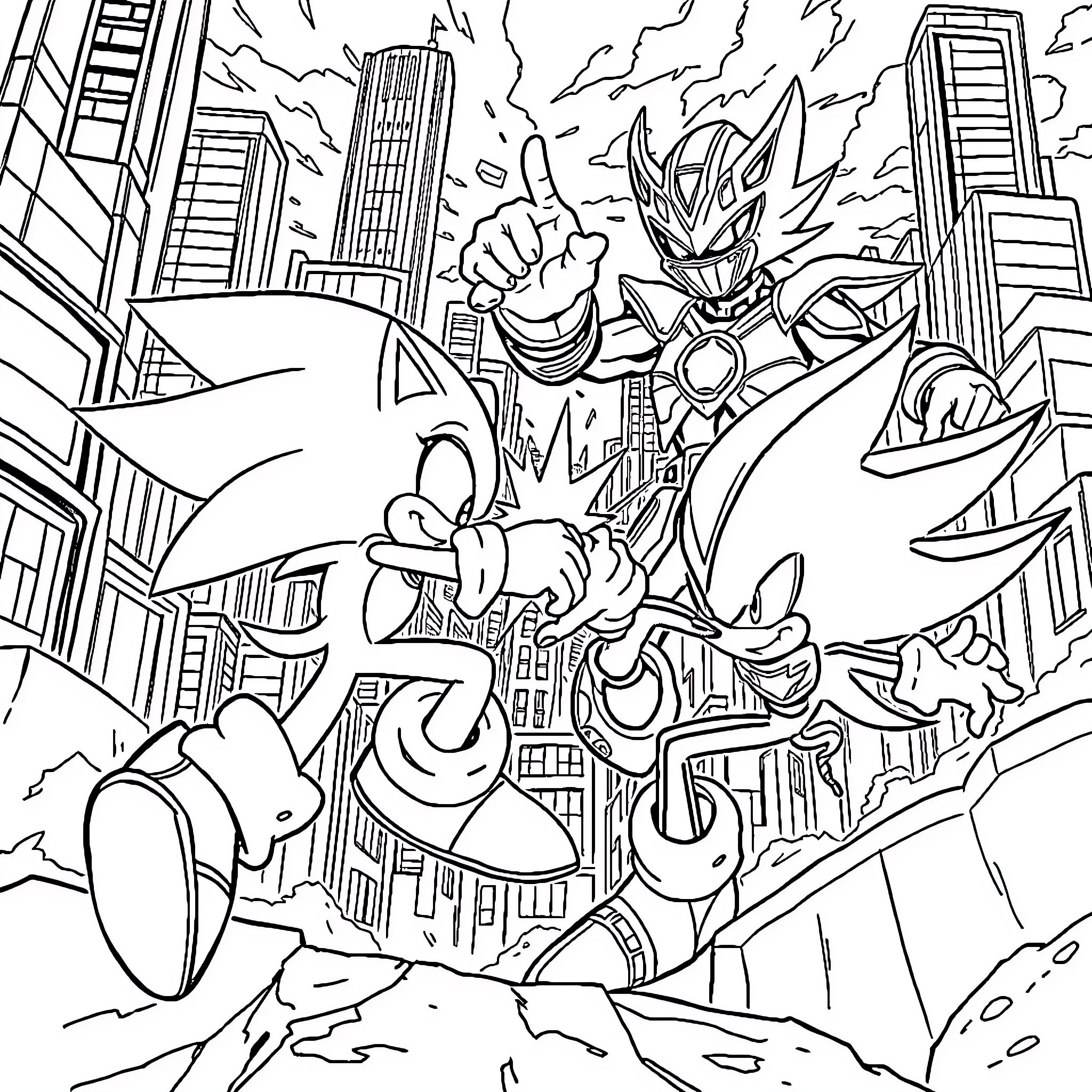 Sonic battling against villainous forces in the city Coloring Page (free black-and-white line drawing printable PDF for all, from beginners to advanced learners, including children, teens, adults, and seniors)
