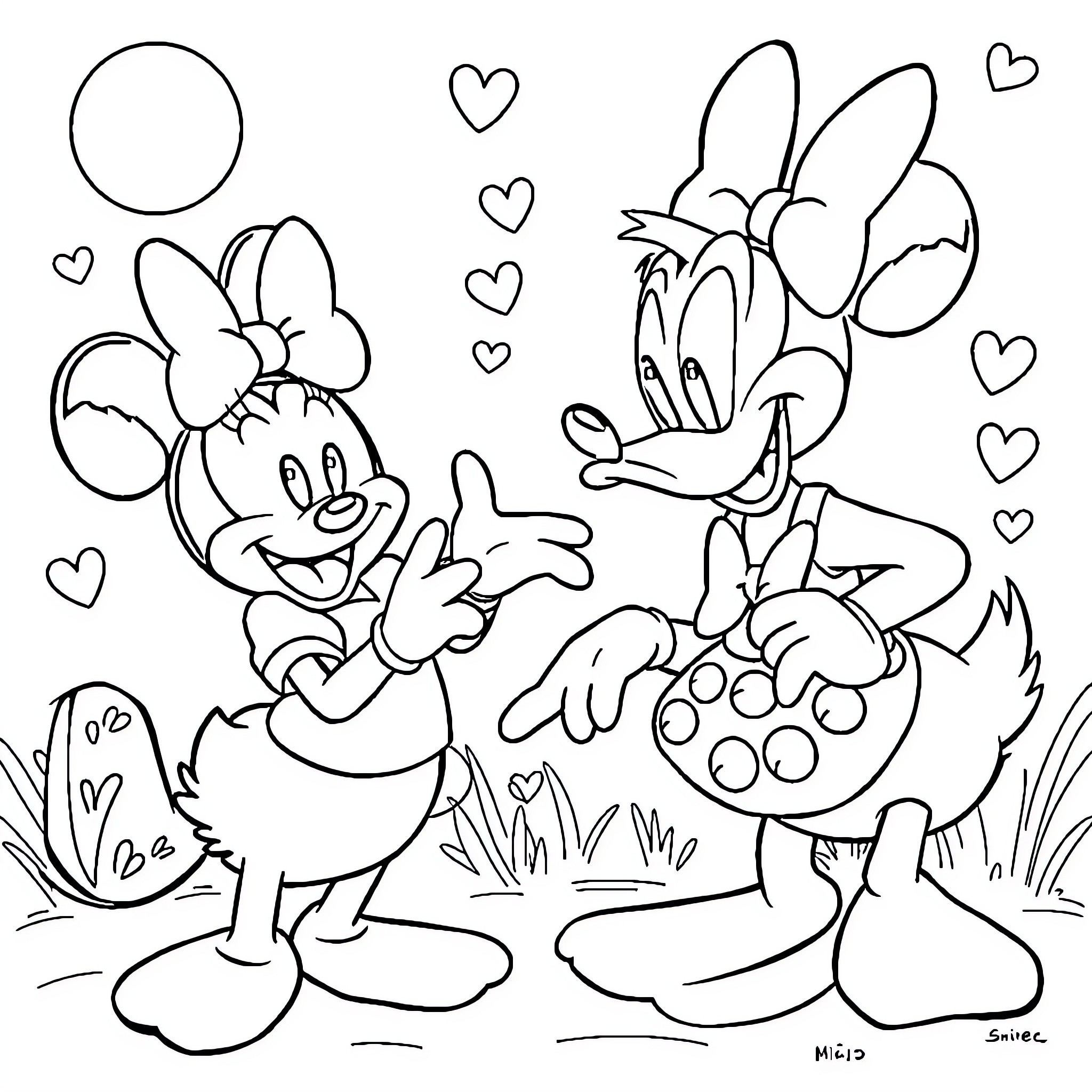 Donald Duck and Minnie Mouse enjoying a playful moment Coloring Page (free black-and-white line drawing printable PDF for all, from beginners to advanced learners, including children, teens, adults, and seniors)
