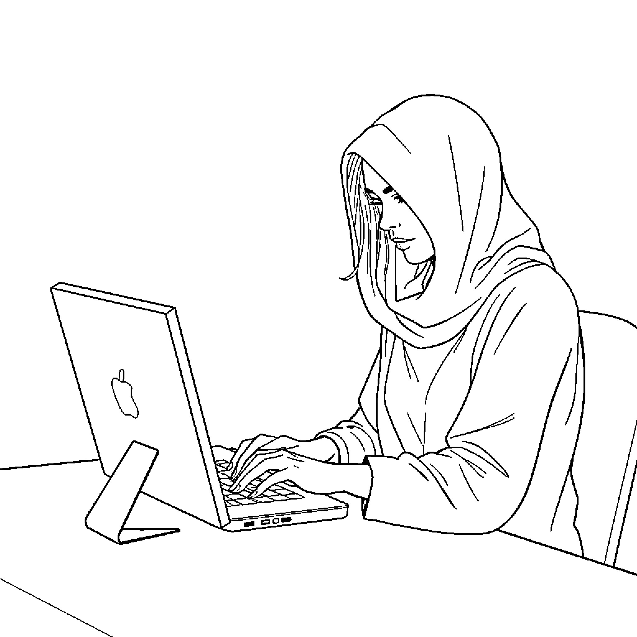 Femme Deeply Focused on Laptop in Contemplation Coloring Page (free black-and-white line drawing printable PDF for all, from beginners to advanced learners, including children, teens, adults, and seniors)