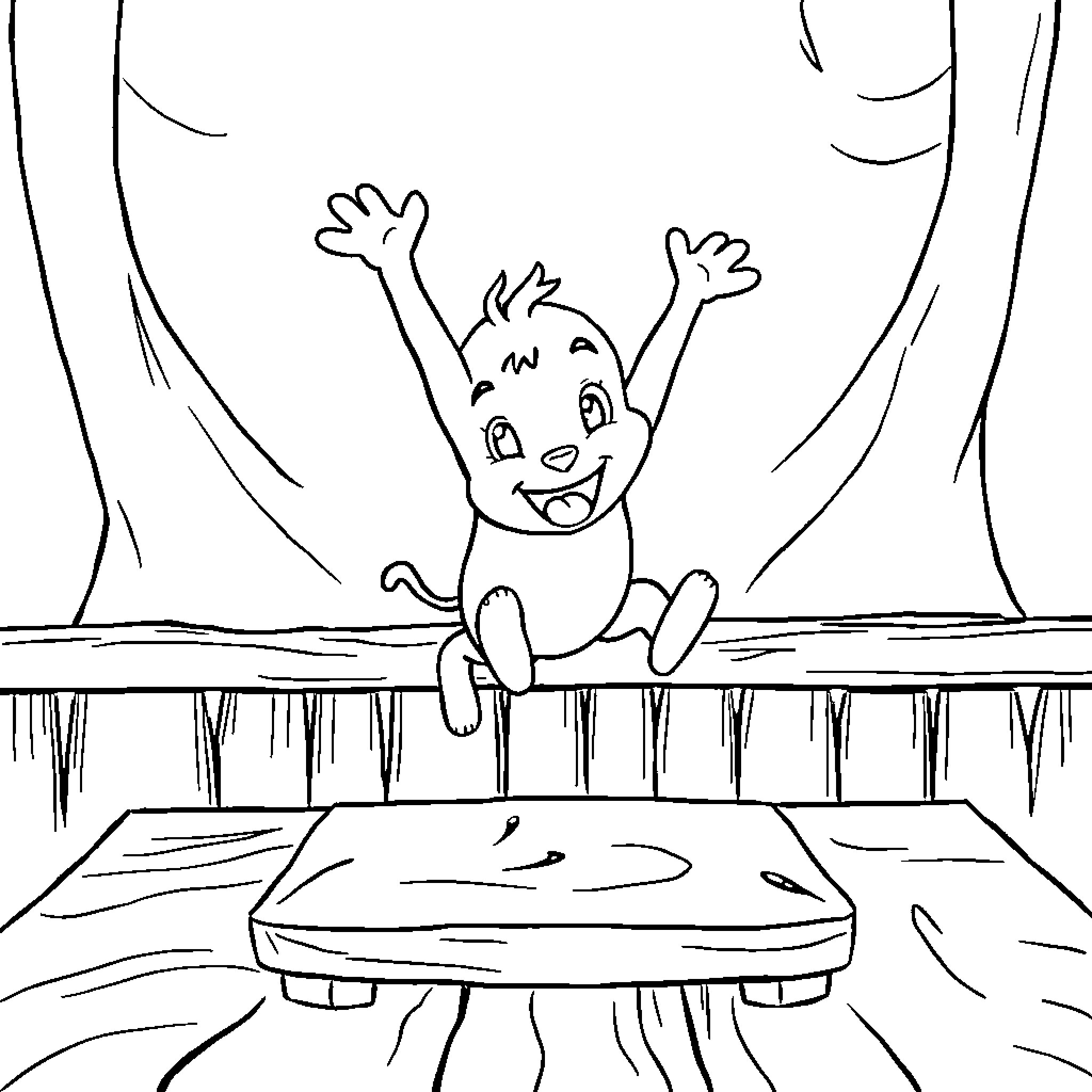 Labubu excitedly jumping on a trampoline Coloring Page (free black-and-white line drawing printable PDF for all, from beginners to advanced learners, including children, teens, adults, and seniors)