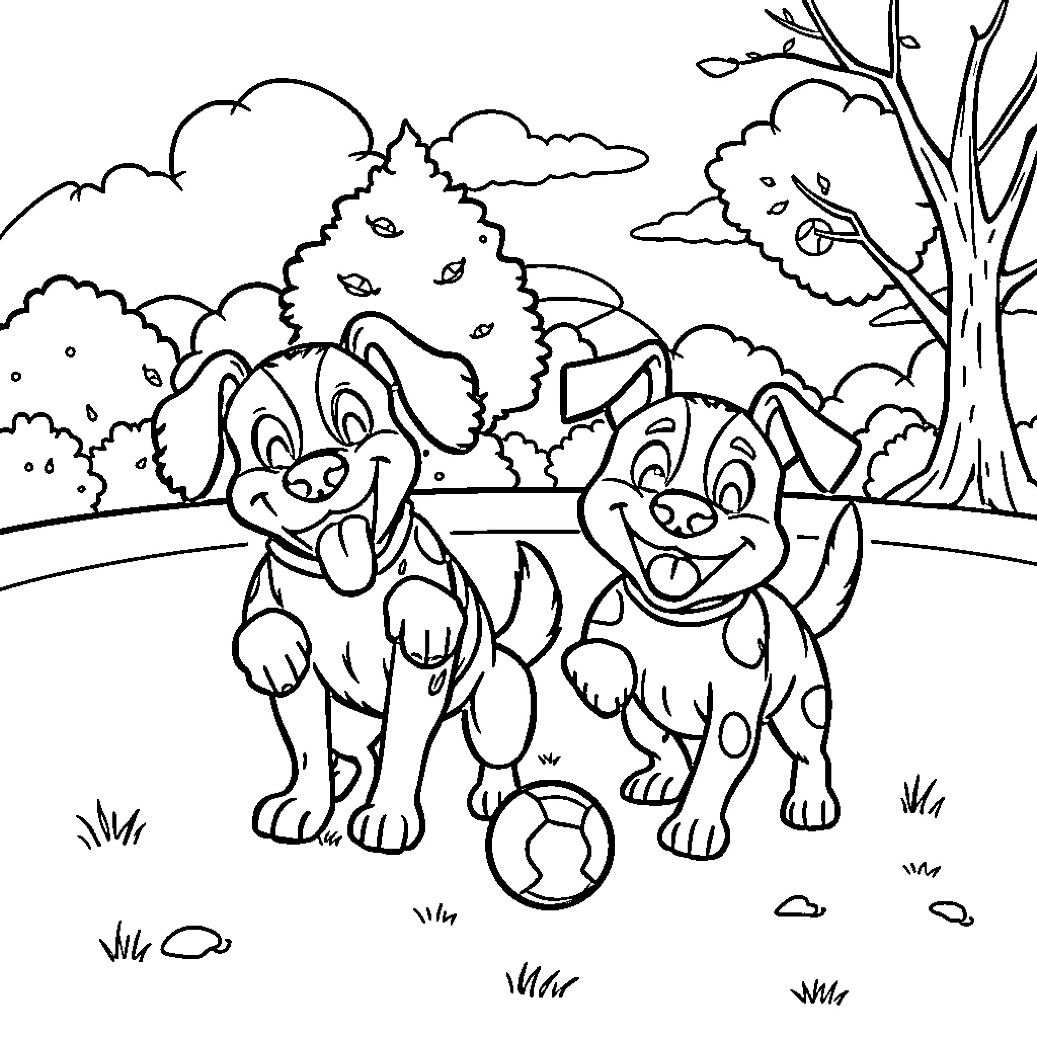 Bingo and Rolly playing happily in the park Coloring Page (free black-and-white line drawing printable PDF for all, from beginners to advanced learners, including children, teens, adults, and seniors)