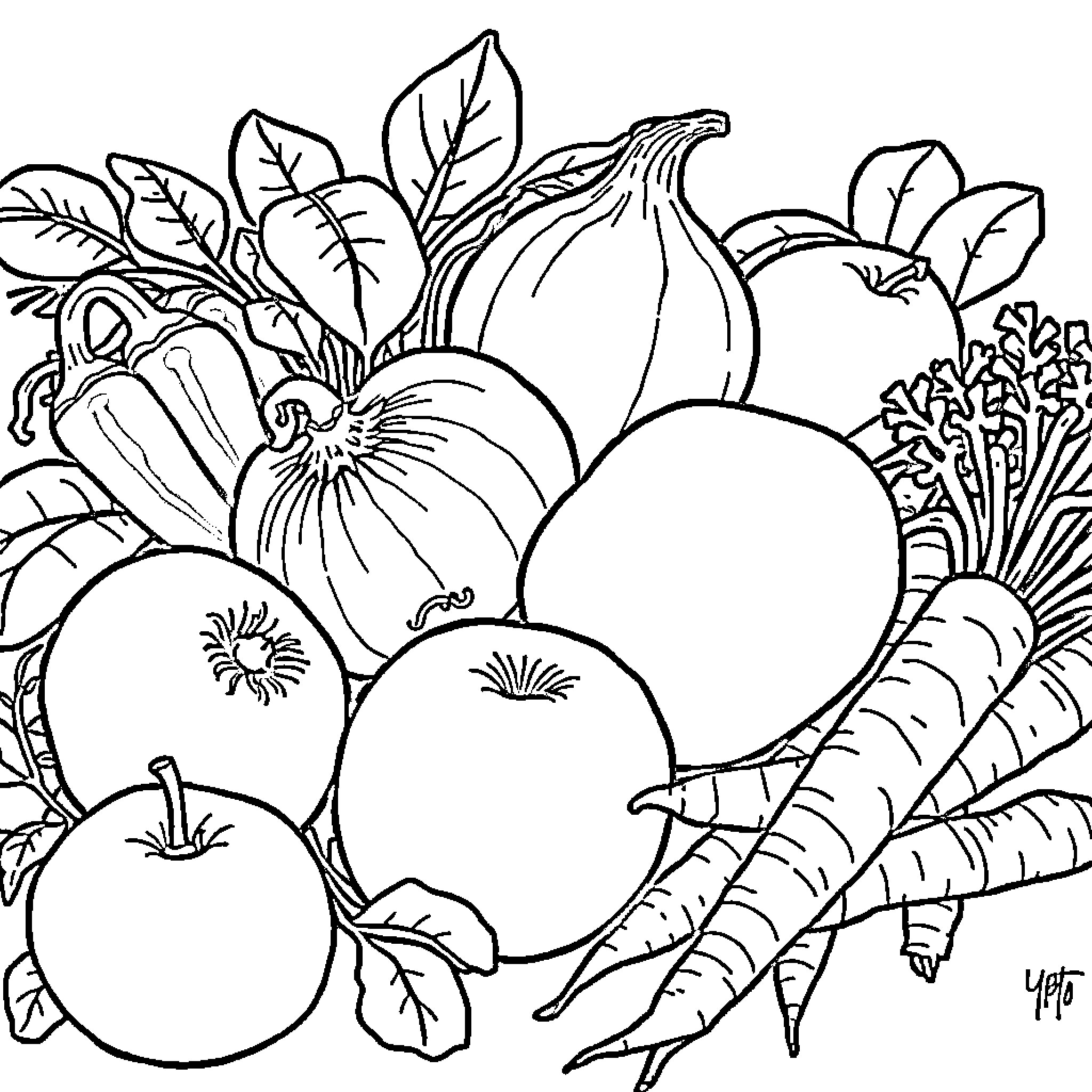 Vegetable garden assortment in black and white Coloring Page (free black-and-white line drawing printable PDF for all, from beginners to advanced learners, including children, teens, adults, and seniors)