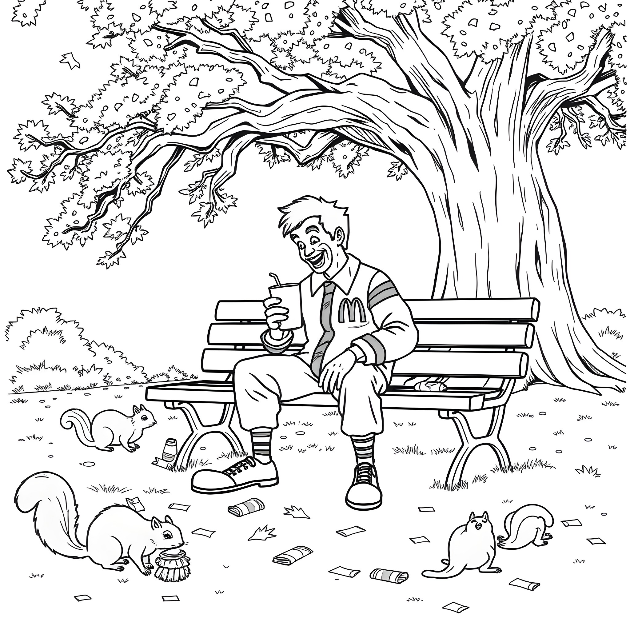 Ronald McDonald enjoys a peaceful moment in the park Coloring Page (free black-and-white line drawing printable PDF for all, from beginners to advanced learners, including children, teens, adults, and seniors)