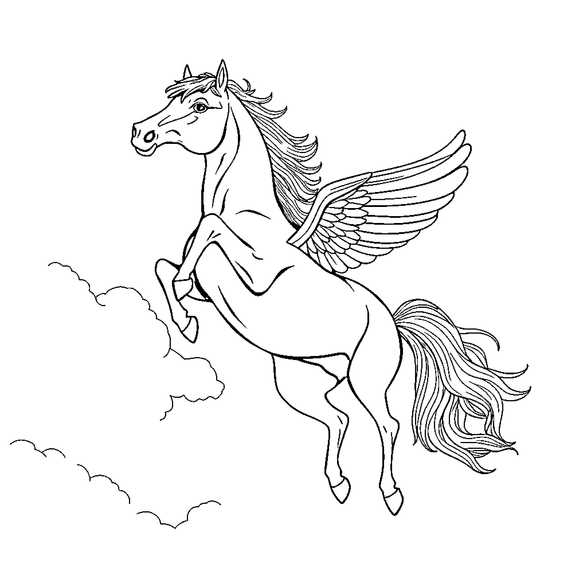 Flying Horse Soaring Through Clouds Coloring Page (free black-and-white line drawing printable PDF for all, from beginners to advanced learners, including children, teens, adults, and seniors)