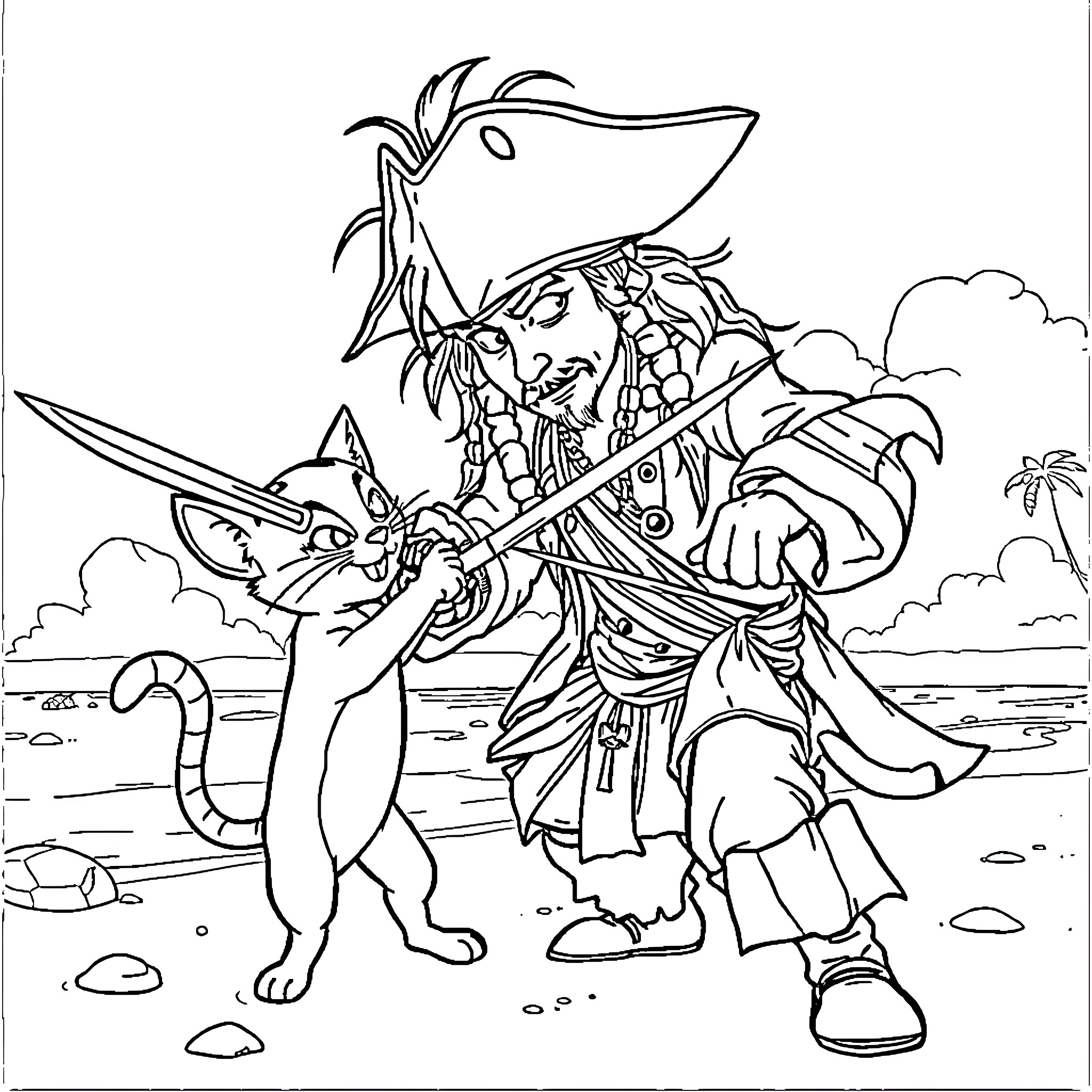 Jack Sparrow swashbuckling with his pet cat on the beach Coloring Page (free black-and-white line drawing printable PDF for all, from beginners to advanced learners, including children, teens, adults, and seniors)
