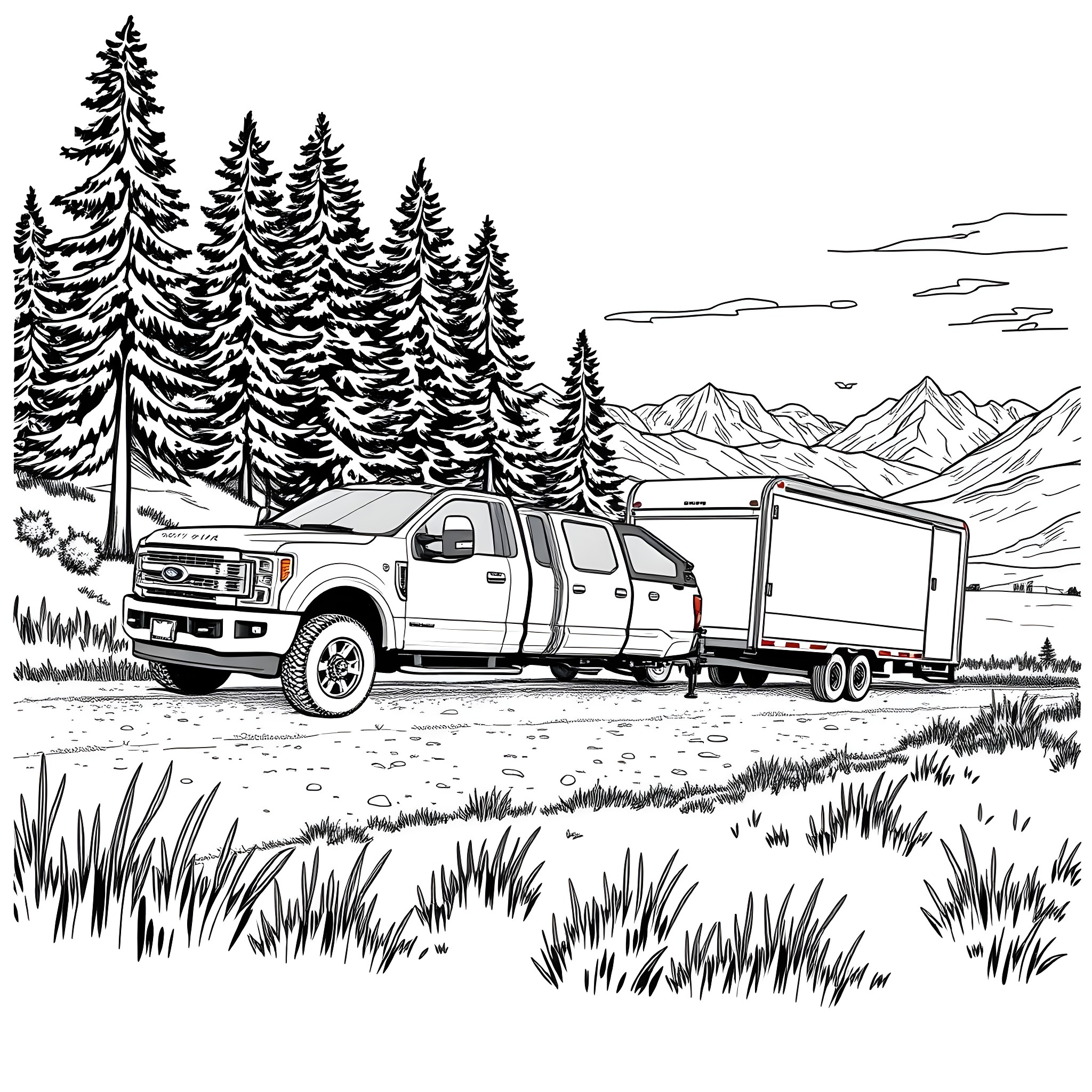 Truck hauling trailer in scenic mountain landscape Coloring Page (free black-and-white line drawing printable PDF for all, from beginners to advanced learners, including children, teens, adults, and seniors)