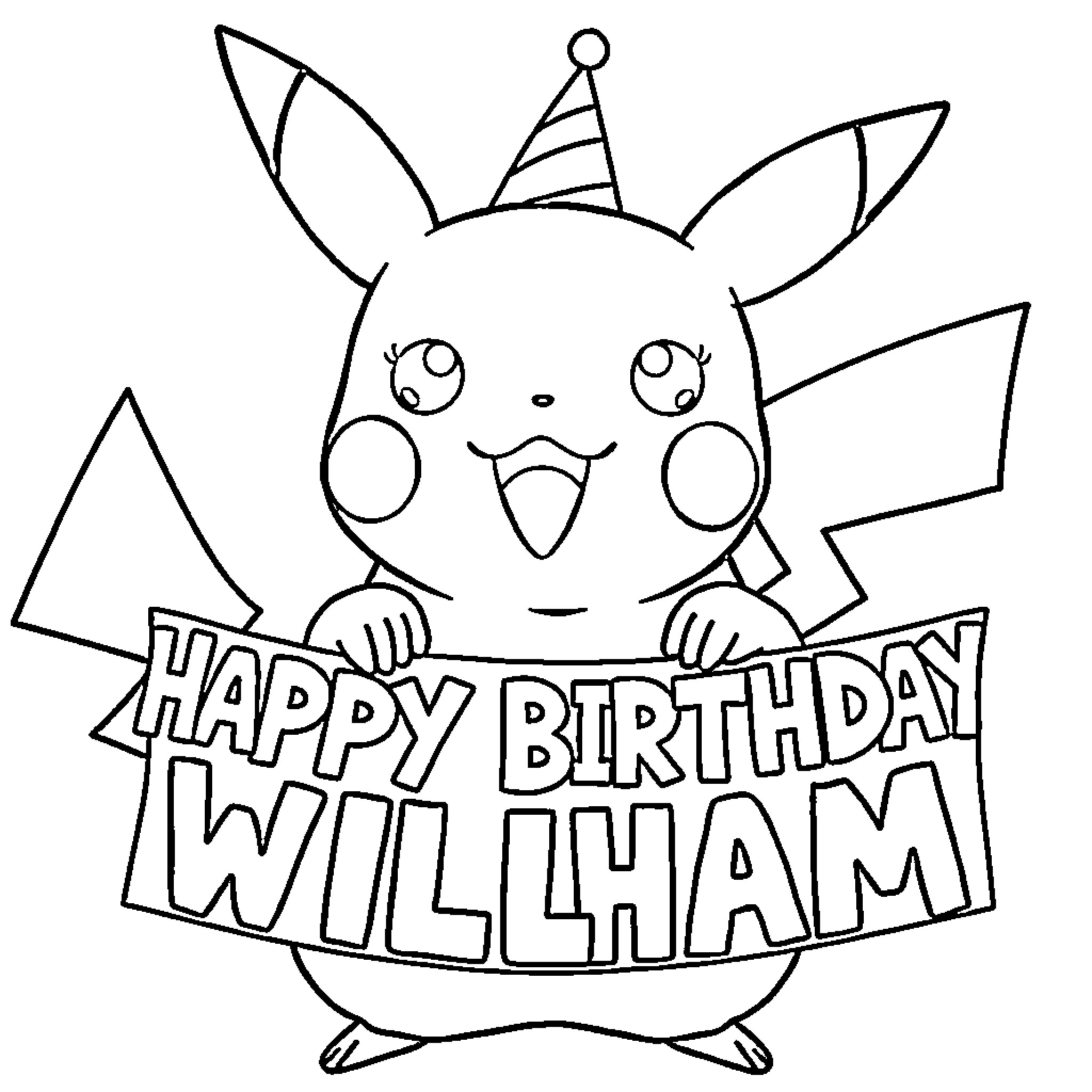 Pikachu celebrating a happy birthday Coloring Page (free black-and-white line drawing printable PDF for all, from beginners to advanced learners, including children, teens, adults, and seniors)