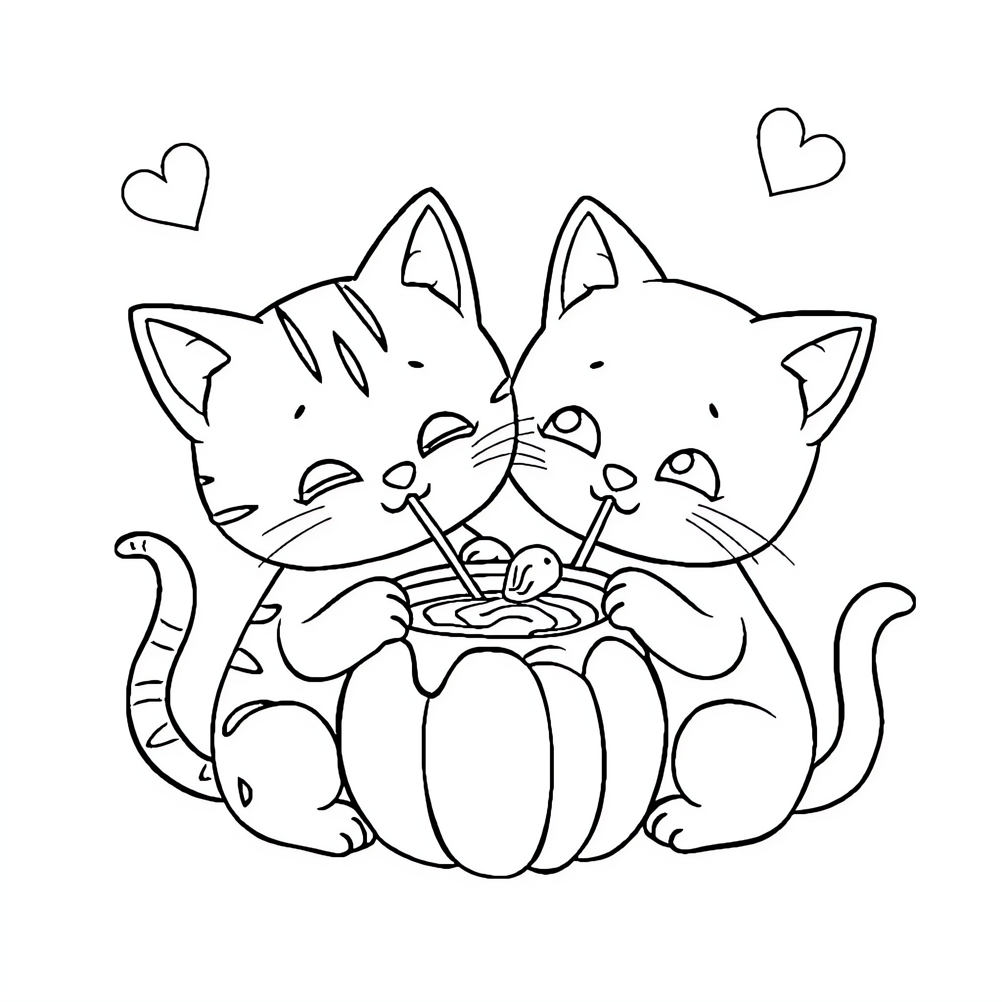 Cat sharing a treat with friends Coloring Page (free black-and-white line drawing printable PDF for all, from beginners to advanced learners, including children, teens, adults, and seniors)
