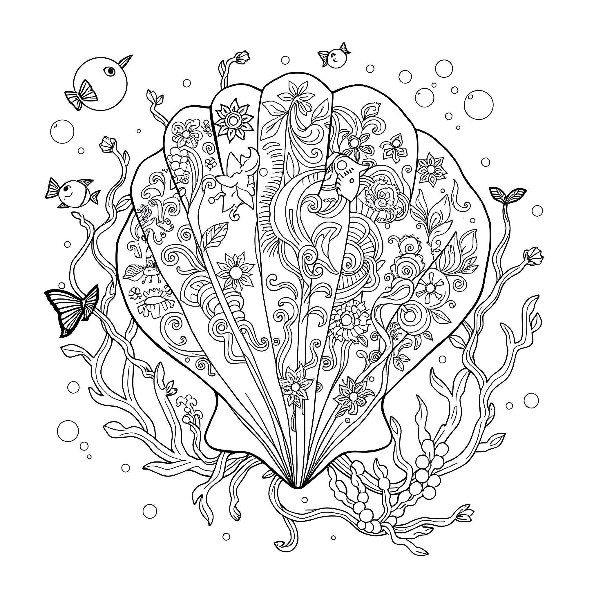 Seashell with intricate floral and marine life designs Coloring Page (free black-and-white line drawing printable PDF for all, from beginners to advanced learners, including children, teens, adults, and seniors)
