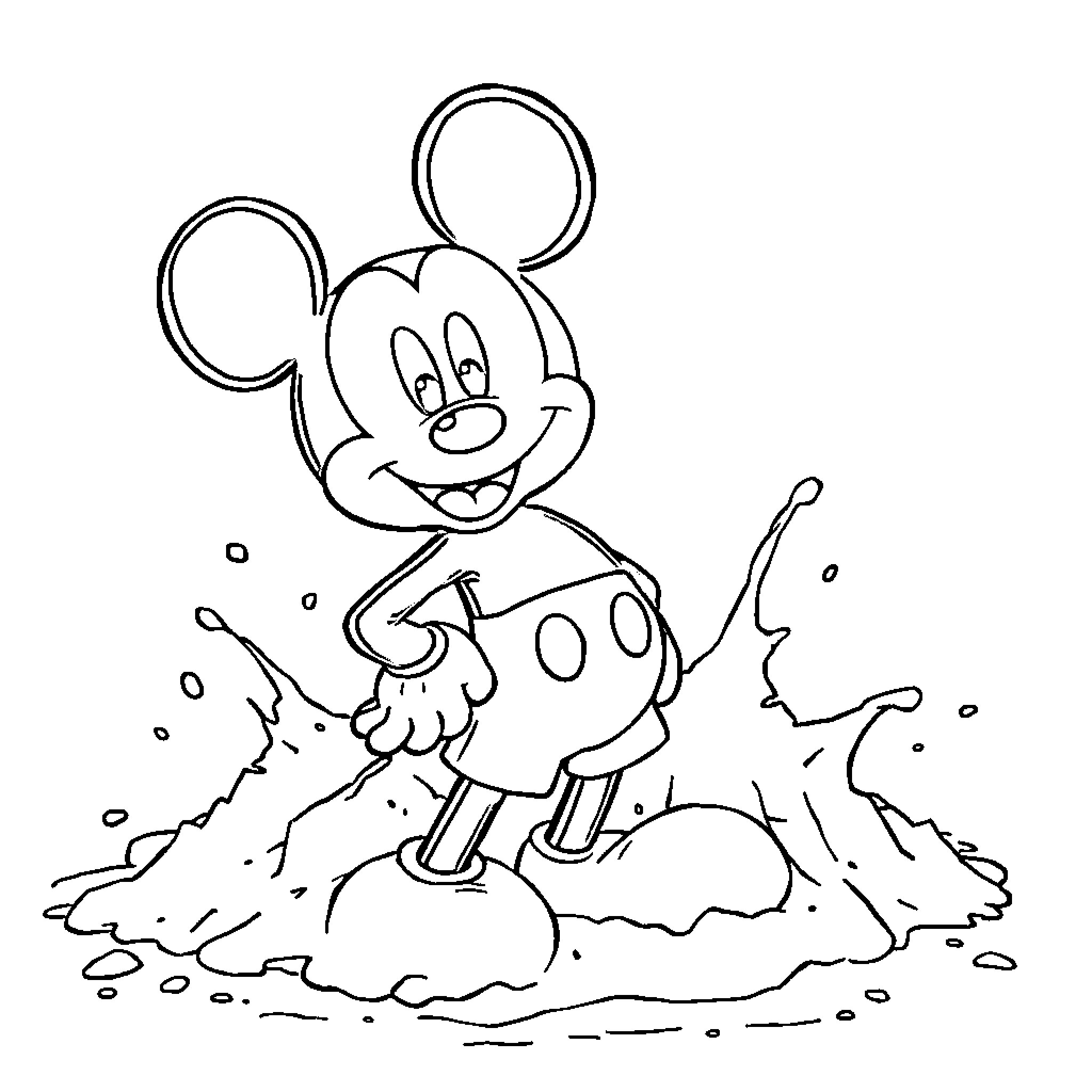 Mickey Mouse playing in puddle Coloring Page (free black-and-white line drawing printable PDF for all, from beginners to advanced learners, including children, teens, adults, and seniors)