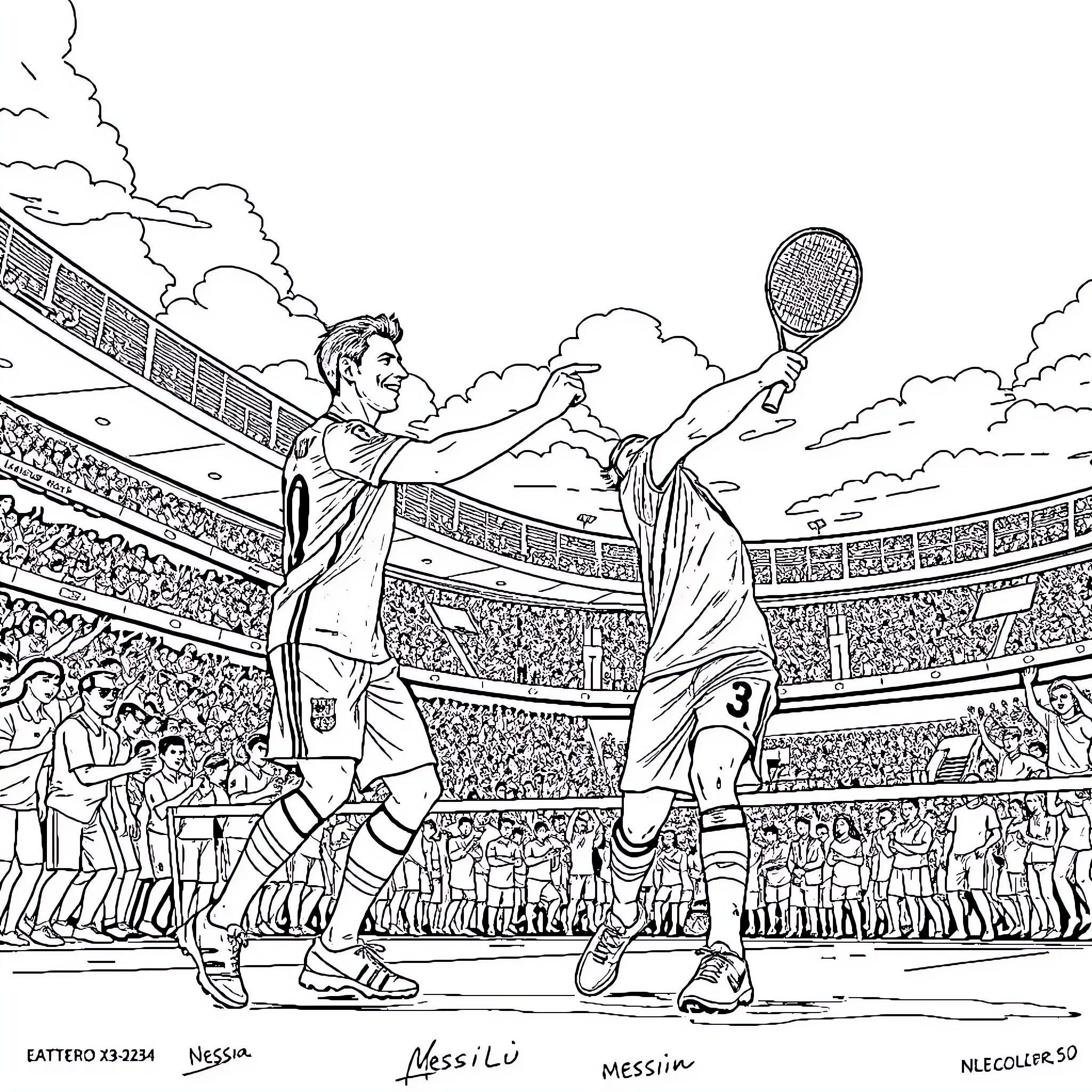 Ronaldo playing tennis in a competitive match Coloring Page (free black-and-white line drawing printable PDF for all, from beginners to advanced learners, including children, teens, adults, and seniors)