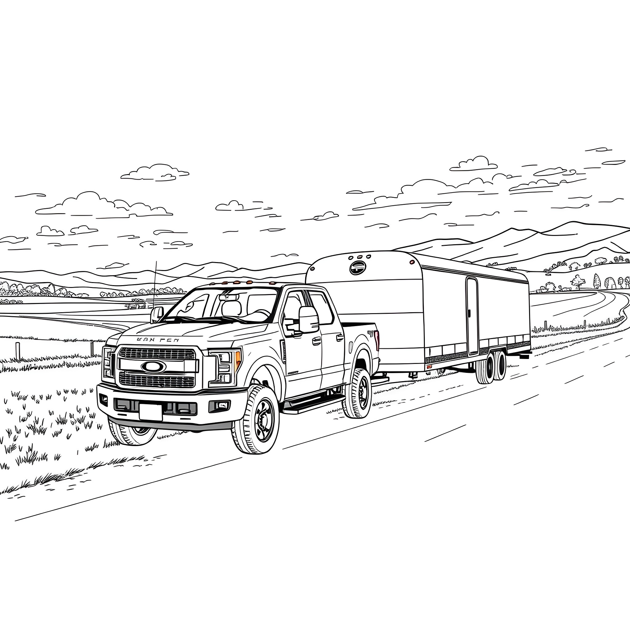 Pickup truck towing a trailer on the road Coloring Page (free black-and-white line drawing printable PDF for all, from beginners to advanced learners, including children, teens, adults, and seniors)
