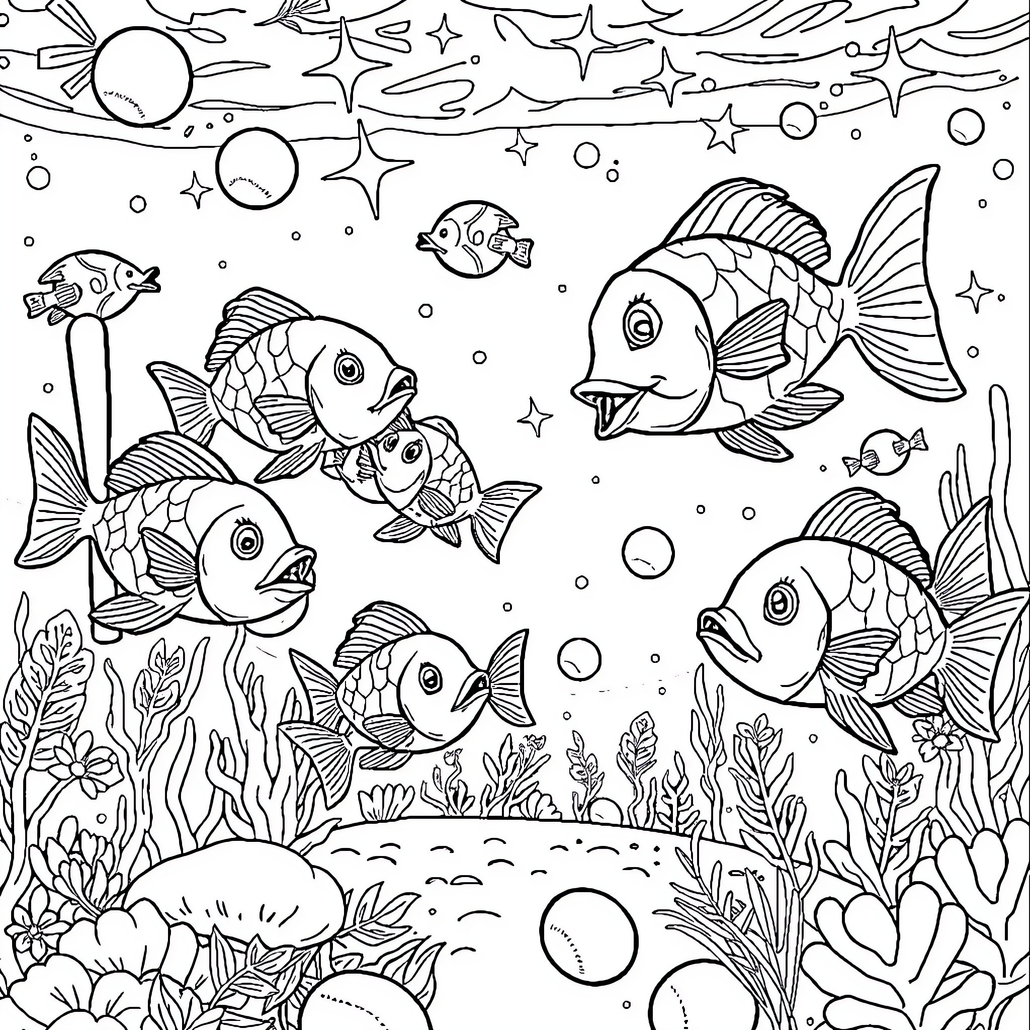 Fish swimming joyfully in the underwater world Coloring Page (free black-and-white line drawing printable PDF for all, from beginners to advanced learners, including children, teens, adults, and seniors)