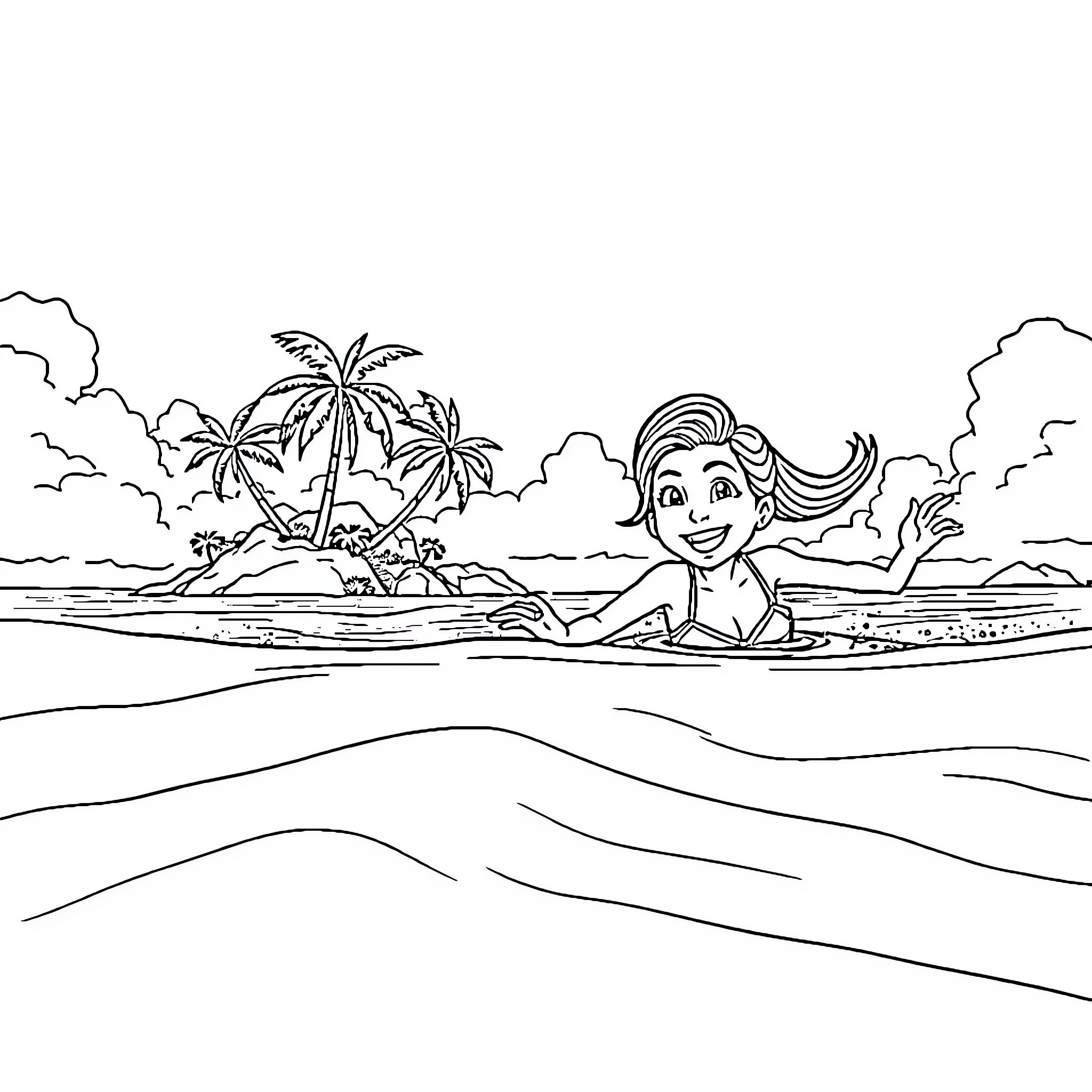 Naomi enjoying a sunny day at the beach Coloring Page (free black-and-white line drawing printable PDF for all, from beginners to advanced learners, including children, teens, adults, and seniors)