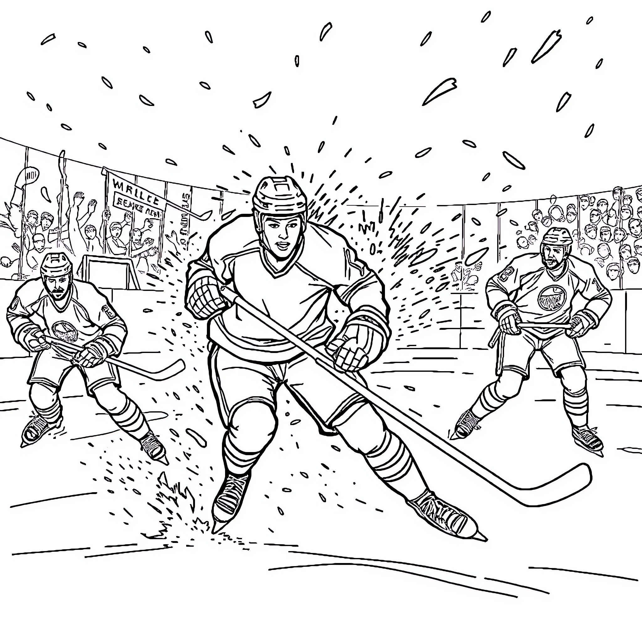 Ice Hockey Game with Intense Action on the Rink Coloring Page (free black-and-white line drawing printable PDF for all, from beginners to advanced learners, including children, teens, adults, and seniors)