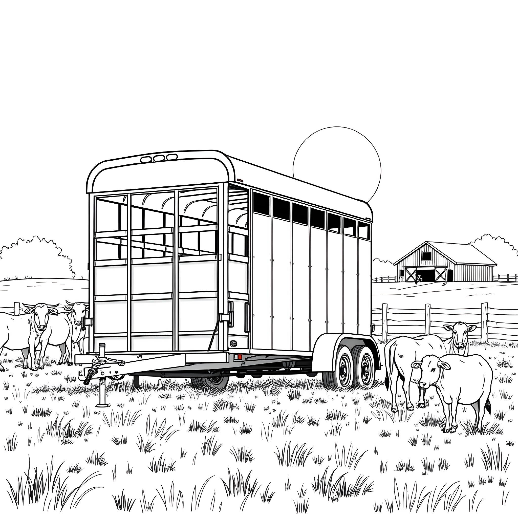 Livestock Trailer Transporting Animals on the Farm Coloring Page (free black-and-white line drawing printable PDF for all, from beginners to advanced learners, including children, teens, adults, and seniors)