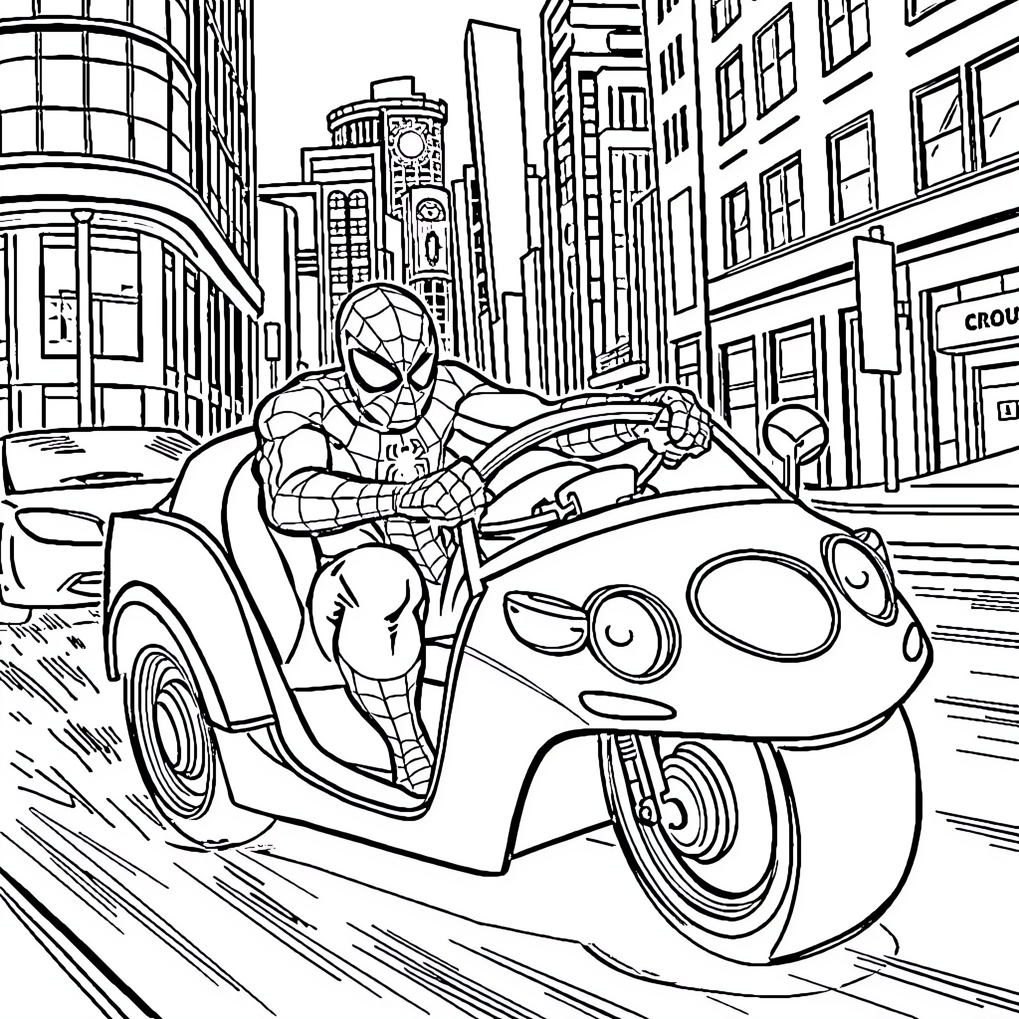 Spiderman rides a futuristic vehicle through the city Coloring Page (free black-and-white line drawing printable PDF for all, from beginners to advanced learners, including children, teens, adults, and seniors)