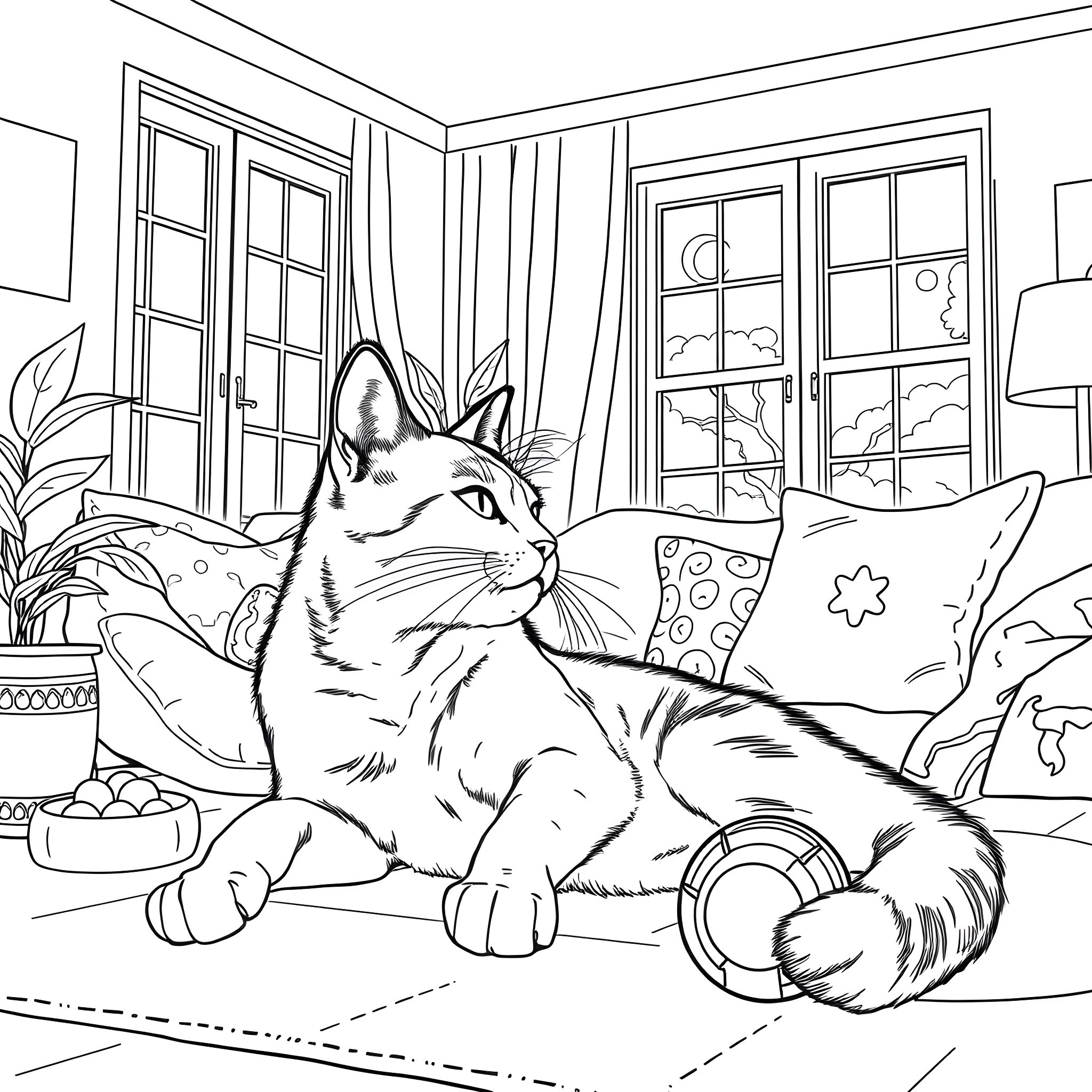 Cat relaxing on a cozy couch in a room Coloring Page (free black-and-white line drawing printable PDF for all, from beginners to advanced learners, including children, teens, adults, and seniors)