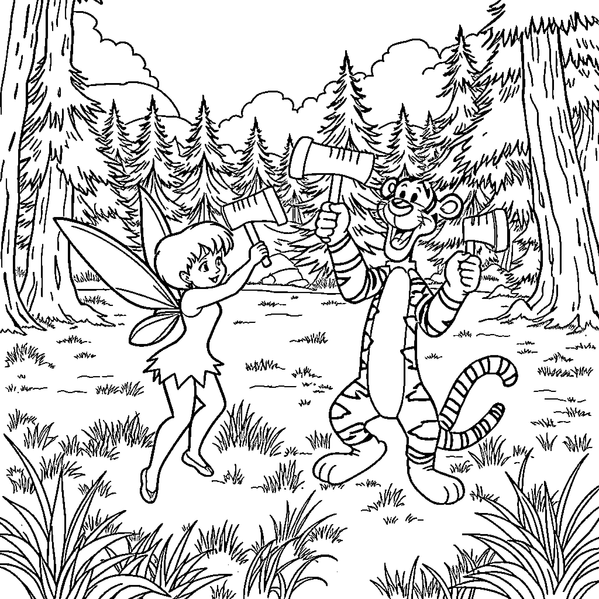 Tinkerbell Interacts with Forest Creatures Coloring Page (free black-and-white line drawing printable PDF for all, from beginners to advanced learners, including children, teens, adults, and seniors)