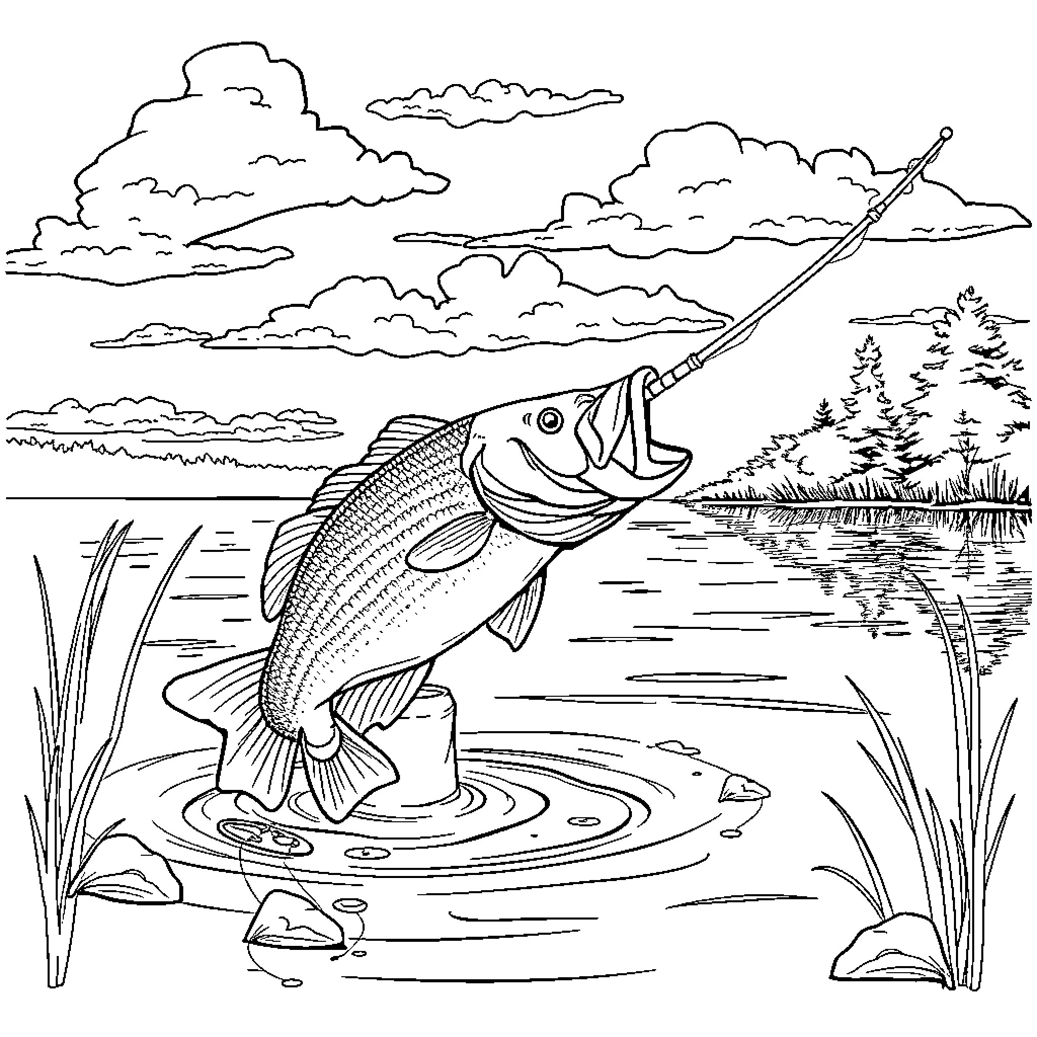 Bass Fishing in Serene Outdoors Scene Coloring Page (free black-and-white line drawing printable PDF for all, from beginners to advanced learners, including children, teens, adults, and seniors)