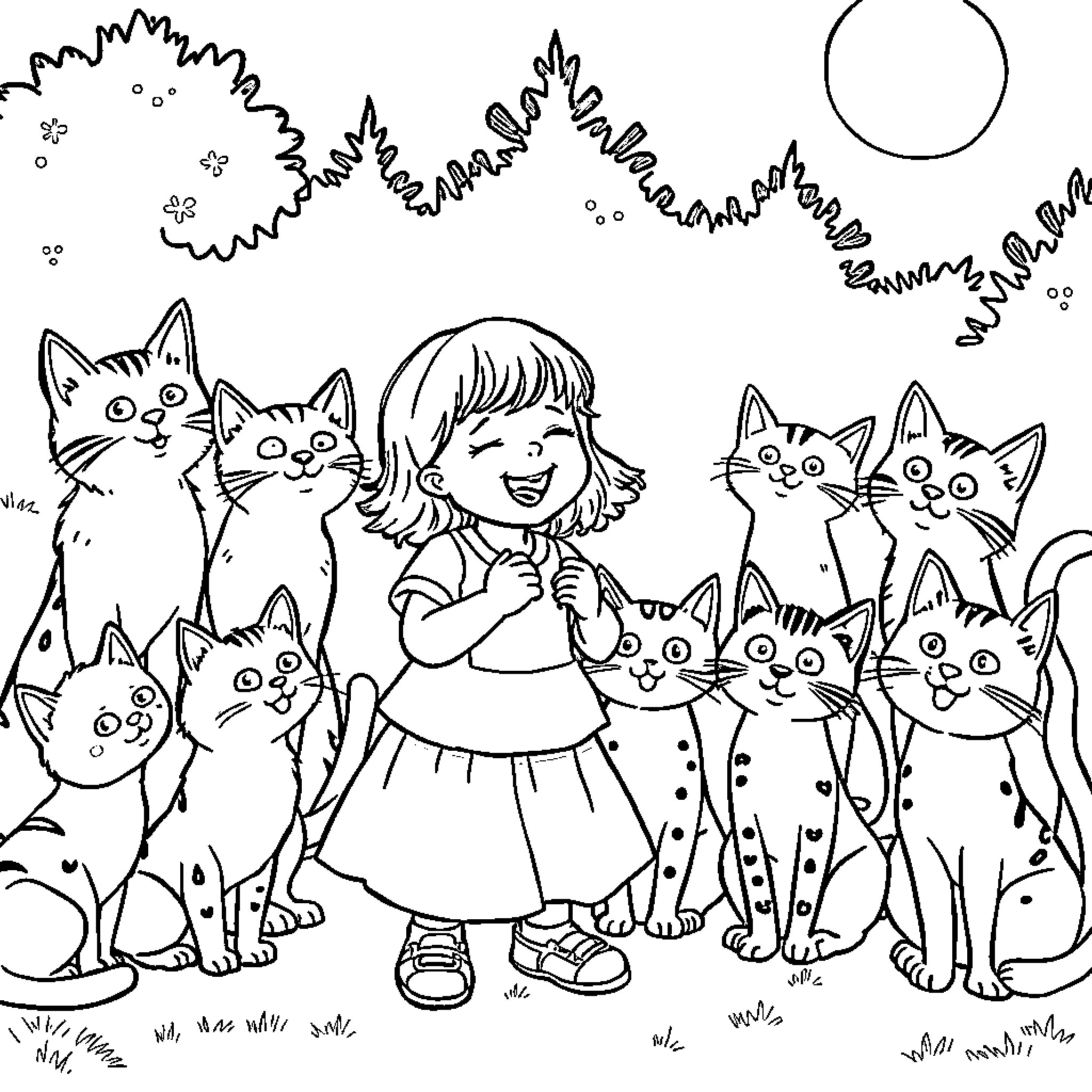 Girl surrounded by happy cats in a garden Coloring Page (free black-and-white line drawing printable PDF for all, from beginners to advanced learners, including children, teens, adults, and seniors)