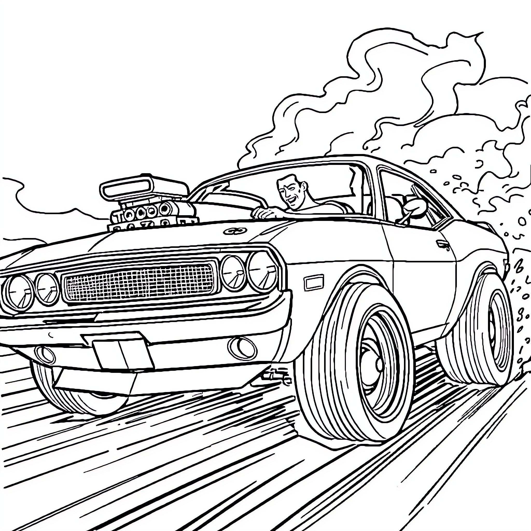Toretto's Muscle Car in High-Speed Chase Coloring Page (free black-and-white line drawing printable PDF for all, from beginners to advanced learners, including children, teens, adults, and seniors)