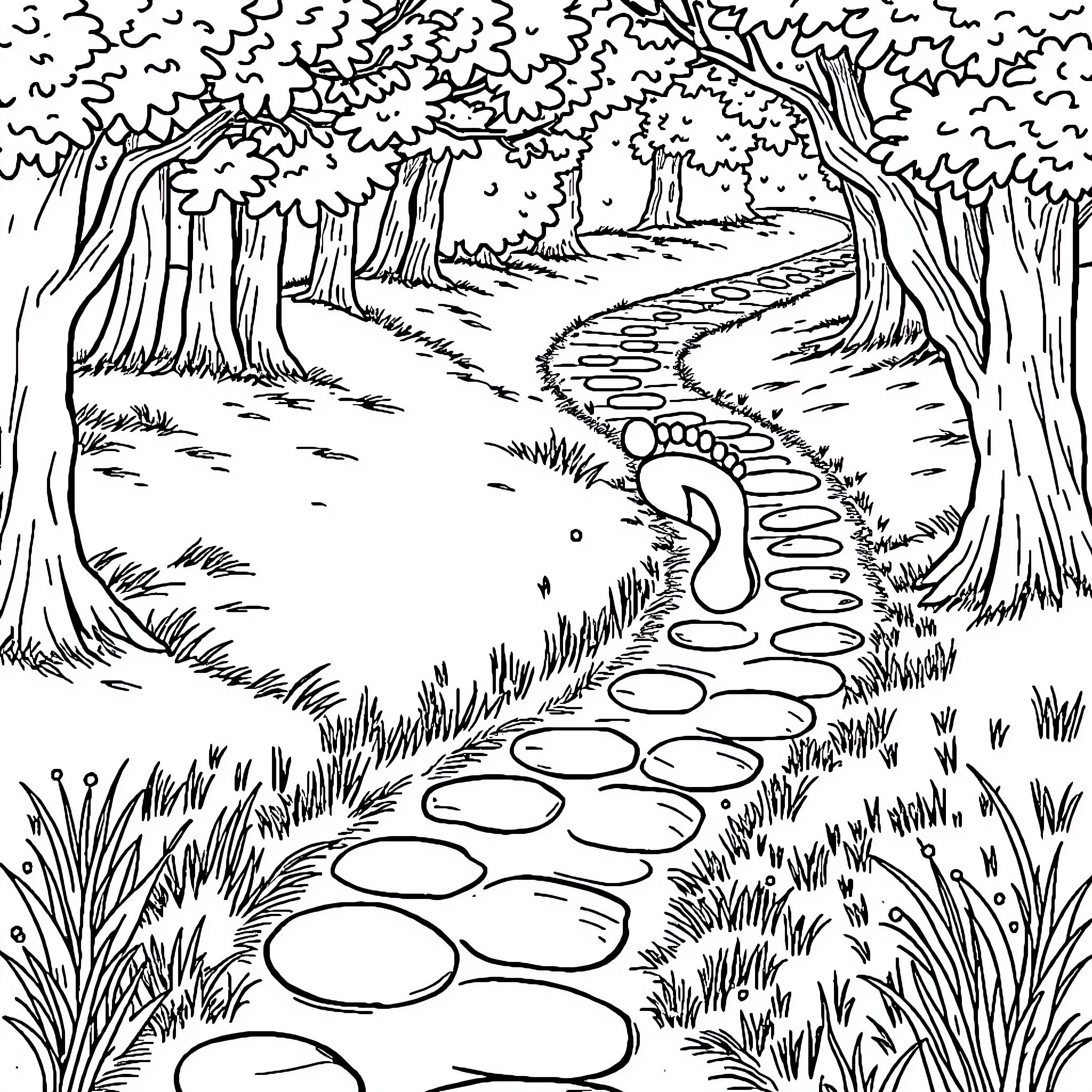 Footprint path through enchanted forest Coloring Page (free black-and-white line drawing printable PDF for all, from beginners to advanced learners, including children, teens, adults, and seniors)