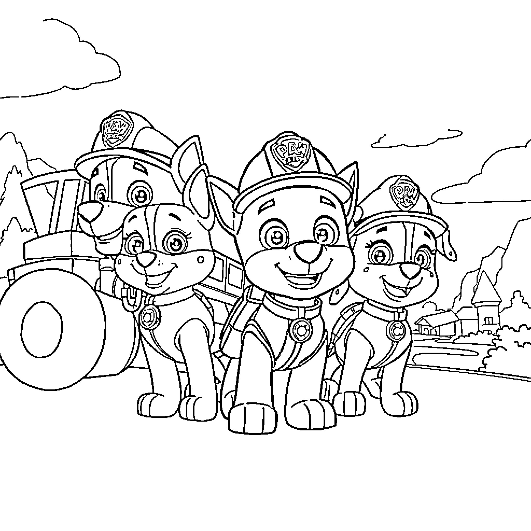 Fireman Pups Ready to Save the Day Coloring Page (free black-and-white line drawing printable PDF for all, from beginners to advanced learners, including children, teens, adults, and seniors)