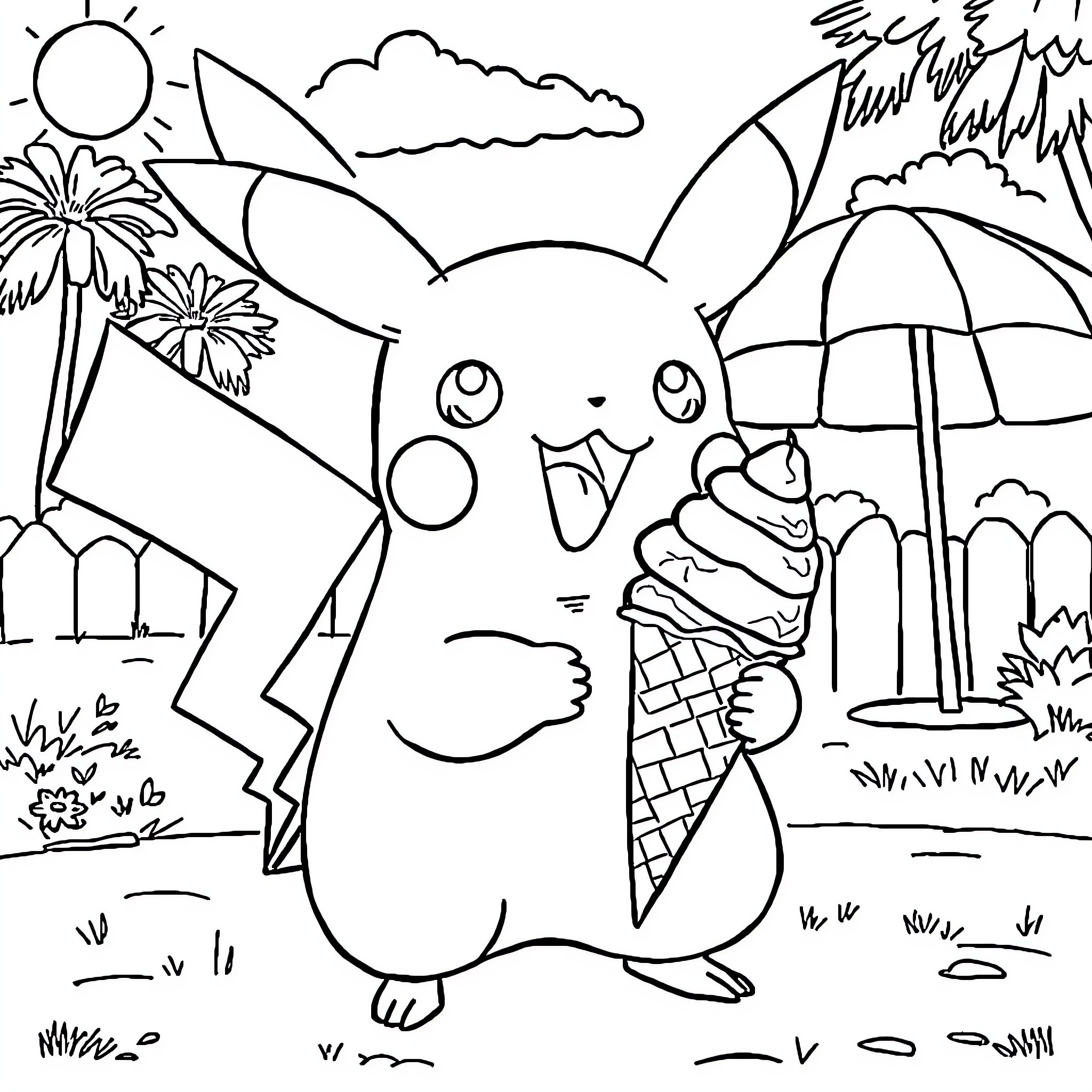 Pikachu enjoying a summer day with an ice cream cone Coloring Page (free black-and-white line drawing printable PDF for all, from beginners to advanced learners, including children, teens, adults, and seniors)
