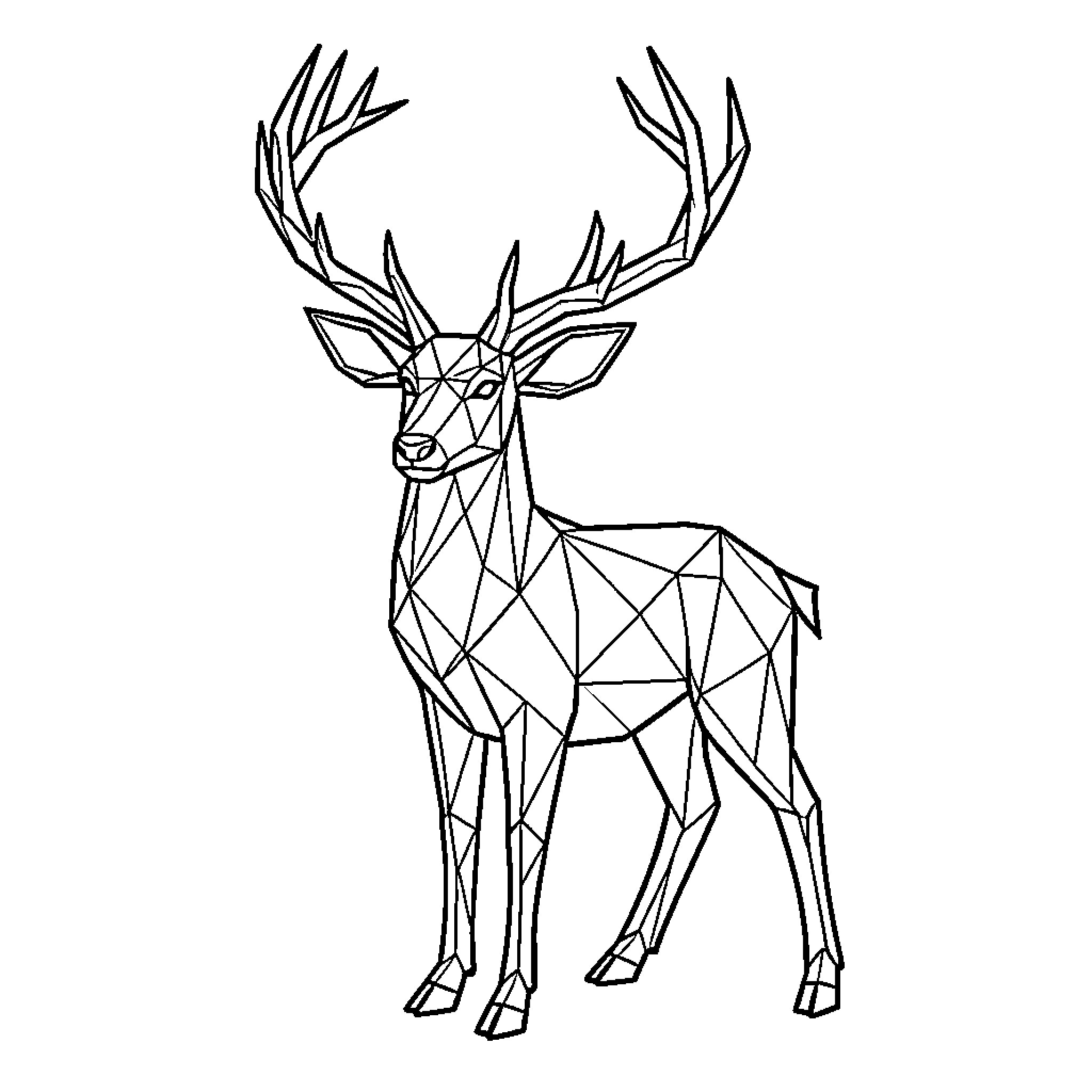 Deer standing in a geometric low poly style Coloring Page (free black-and-white line drawing printable PDF for all, from beginners to advanced learners, including children, teens, adults, and seniors)
