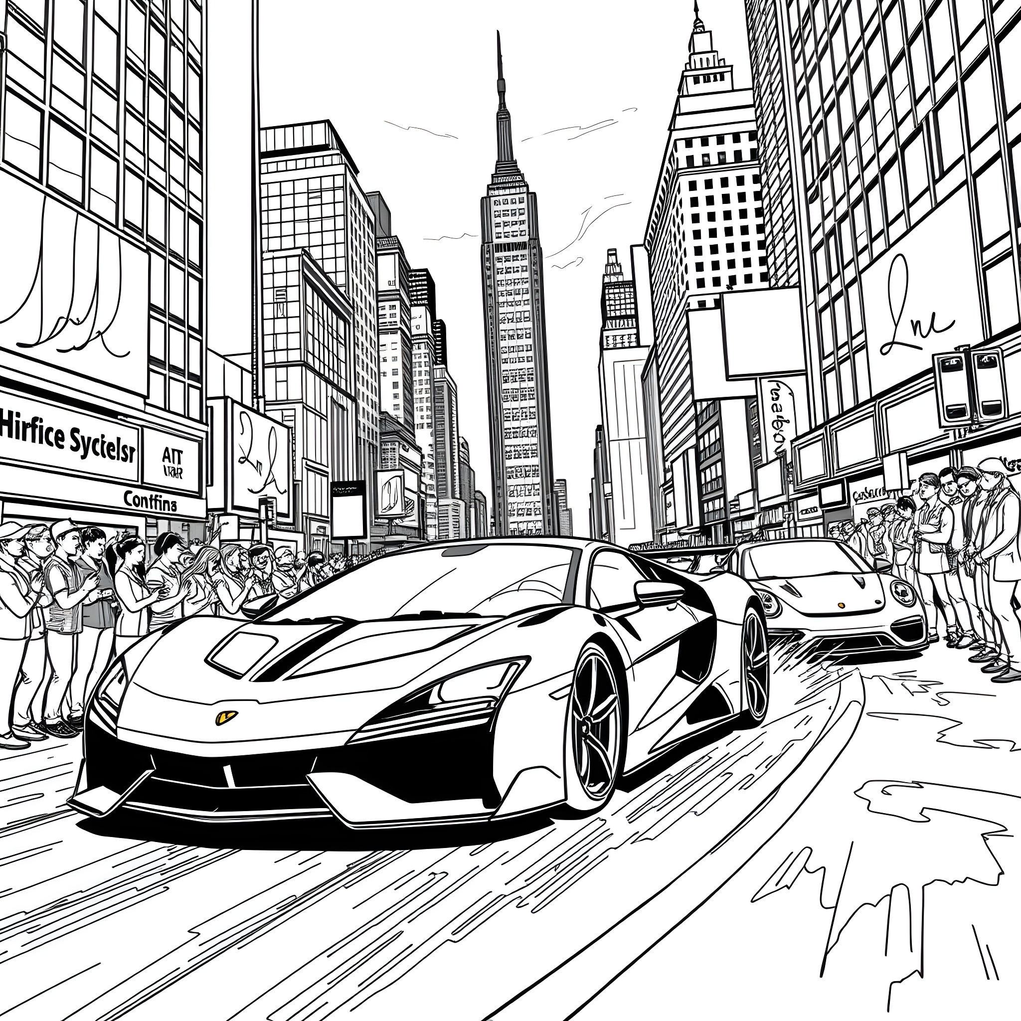 V8 Super Car racing in the city streets Coloring Page (free black-and-white line drawing printable PDF for all, from beginners to advanced learners, including children, teens, adults, and seniors)