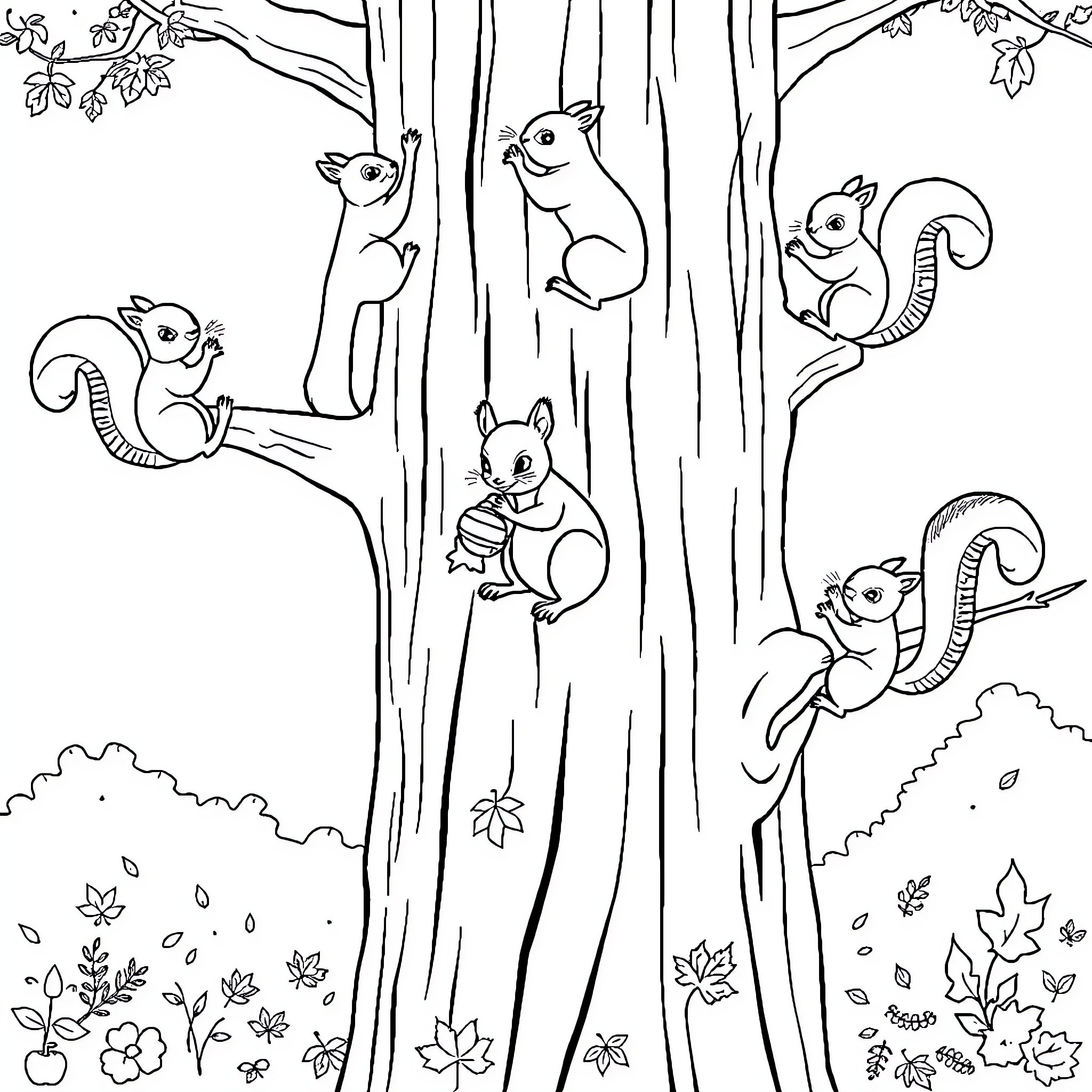 Squirrels playing among the trees Coloring Page (free black-and-white line drawing printable PDF for all, from beginners to advanced learners, including children, teens, adults, and seniors)