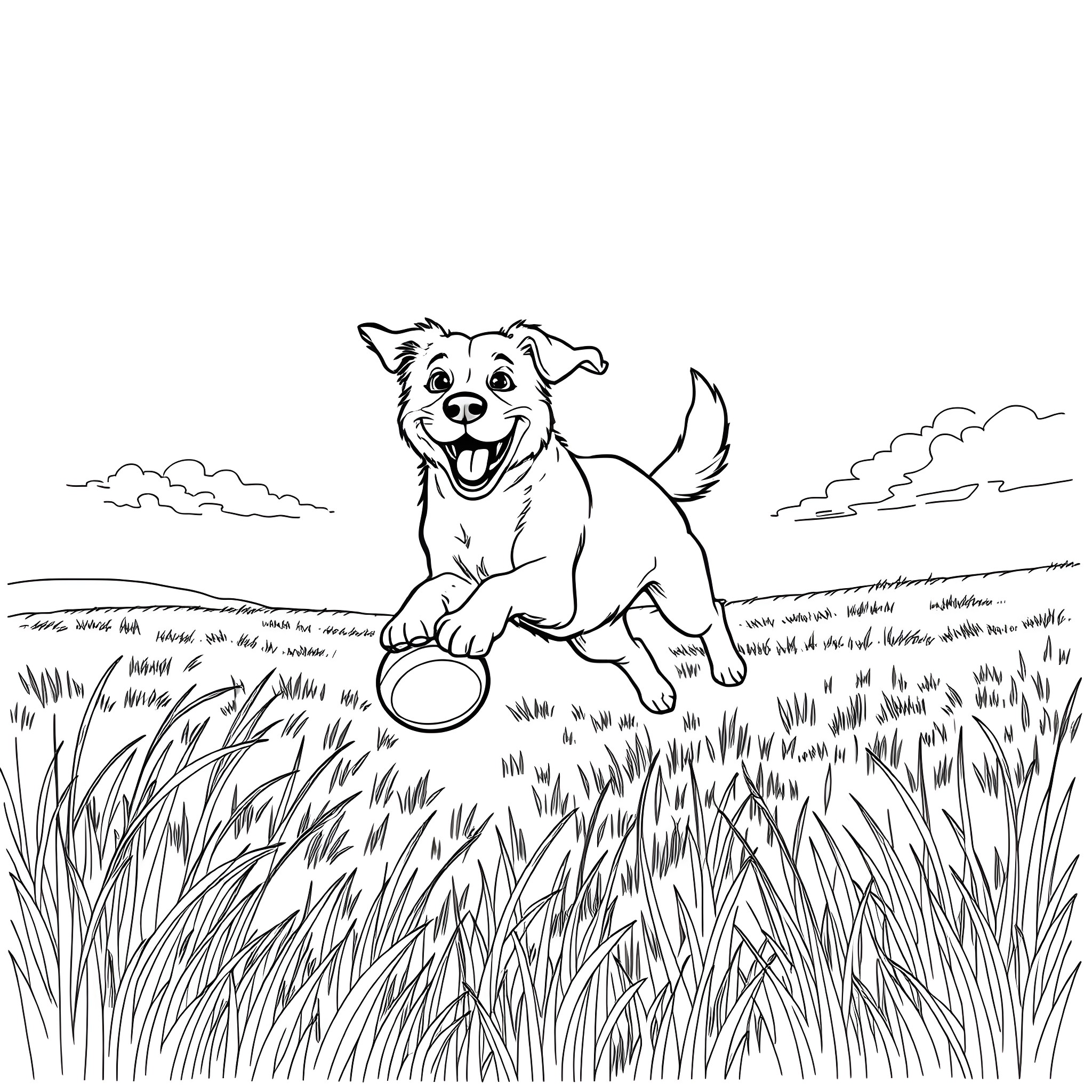 Dog playing joyfully in grassy field Coloring Page (free black-and-white line drawing printable PDF for all, from beginners to advanced learners, including children, teens, adults, and seniors)
