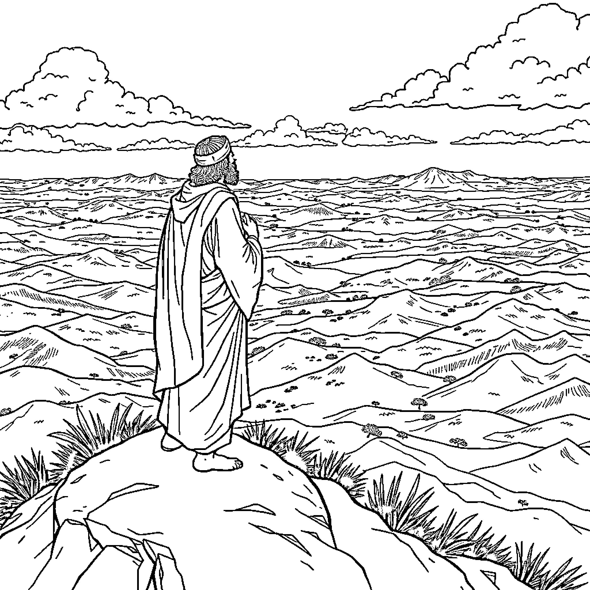 Elijah overlooking the vast desert landscape Coloring Page (free black-and-white line drawing printable PDF for all, from beginners to advanced learners, including children, teens, adults, and seniors)