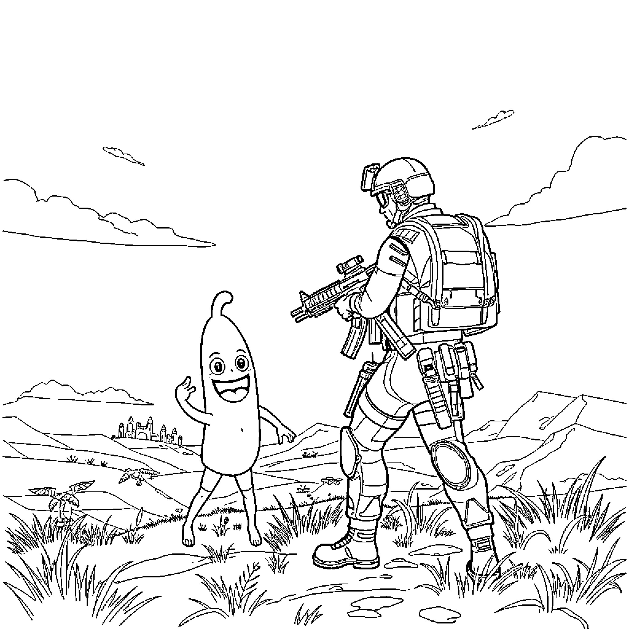 Soldier encounters friendly alien in nature Coloring Page (free black-and-white line drawing printable PDF for all, from beginners to advanced learners, including children, teens, adults, and seniors)