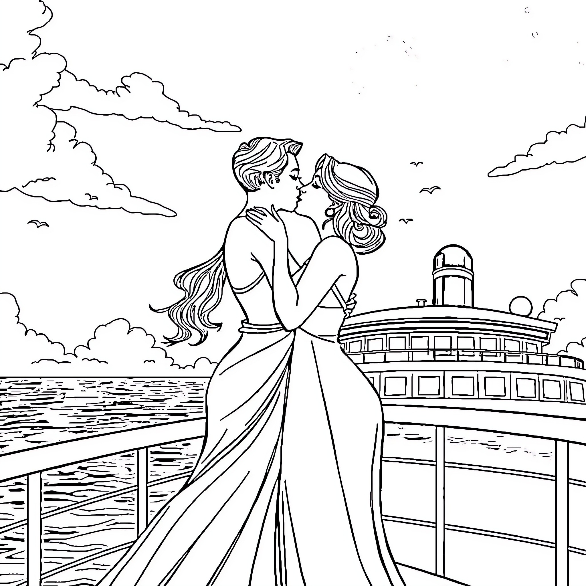 Lesbian couple's romantic moment on cruise ship deck Coloring Page (free black-and-white line drawing printable PDF for all, from beginners to advanced learners, including children, teens, adults, and seniors)