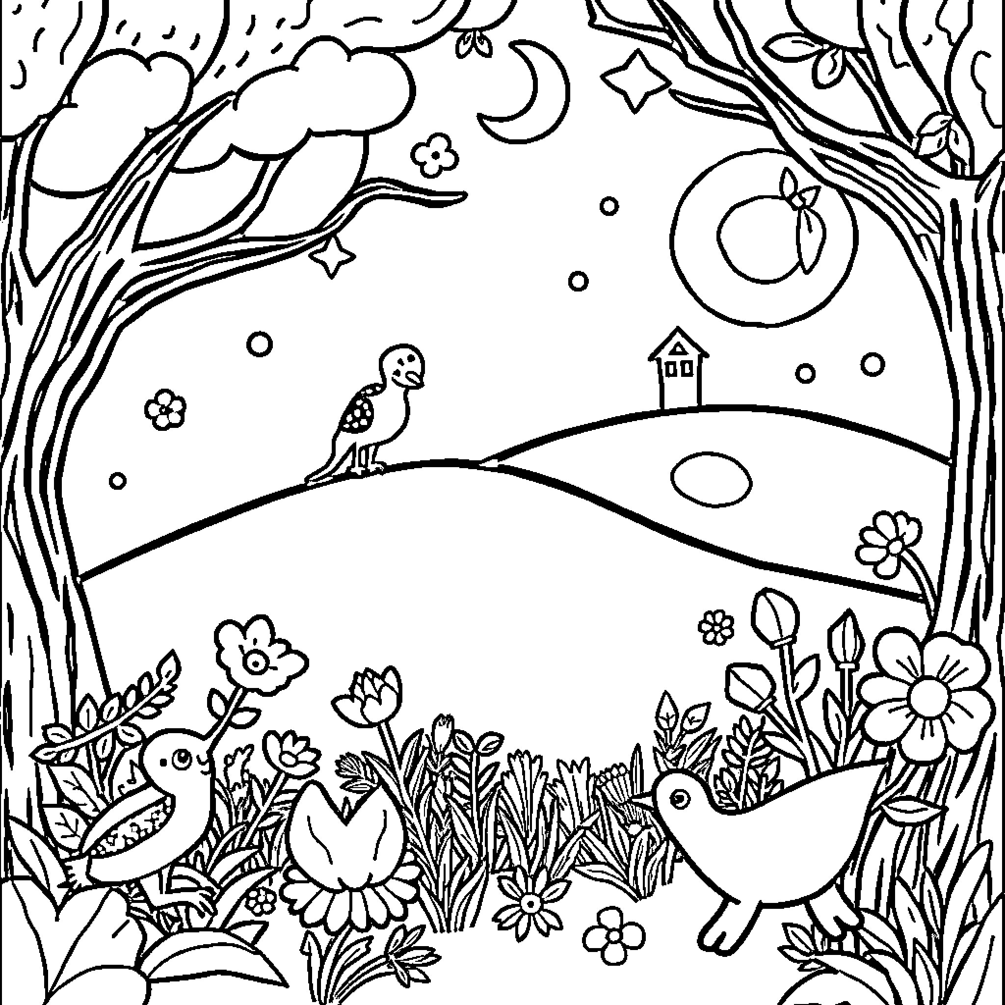 Book of Whimsical Nature Scene Coloring Page (free black-and-white line drawing printable PDF for all, from beginners to advanced learners, including children, teens, adults, and seniors)