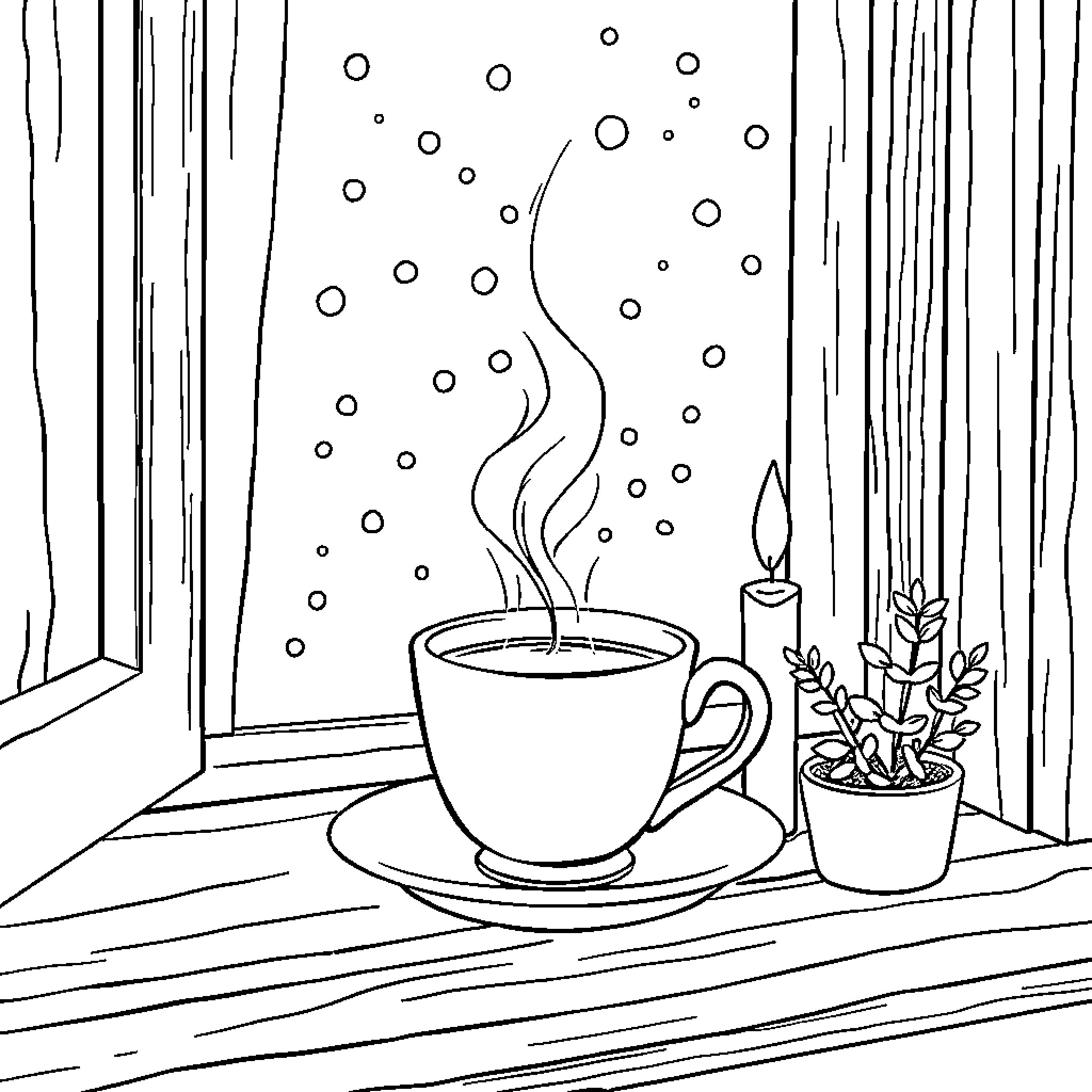 Cup of hot beverage on winter windowsill Coloring Page (free black-and-white line drawing printable PDF for all, from beginners to advanced learners, including children, teens, adults, and seniors)