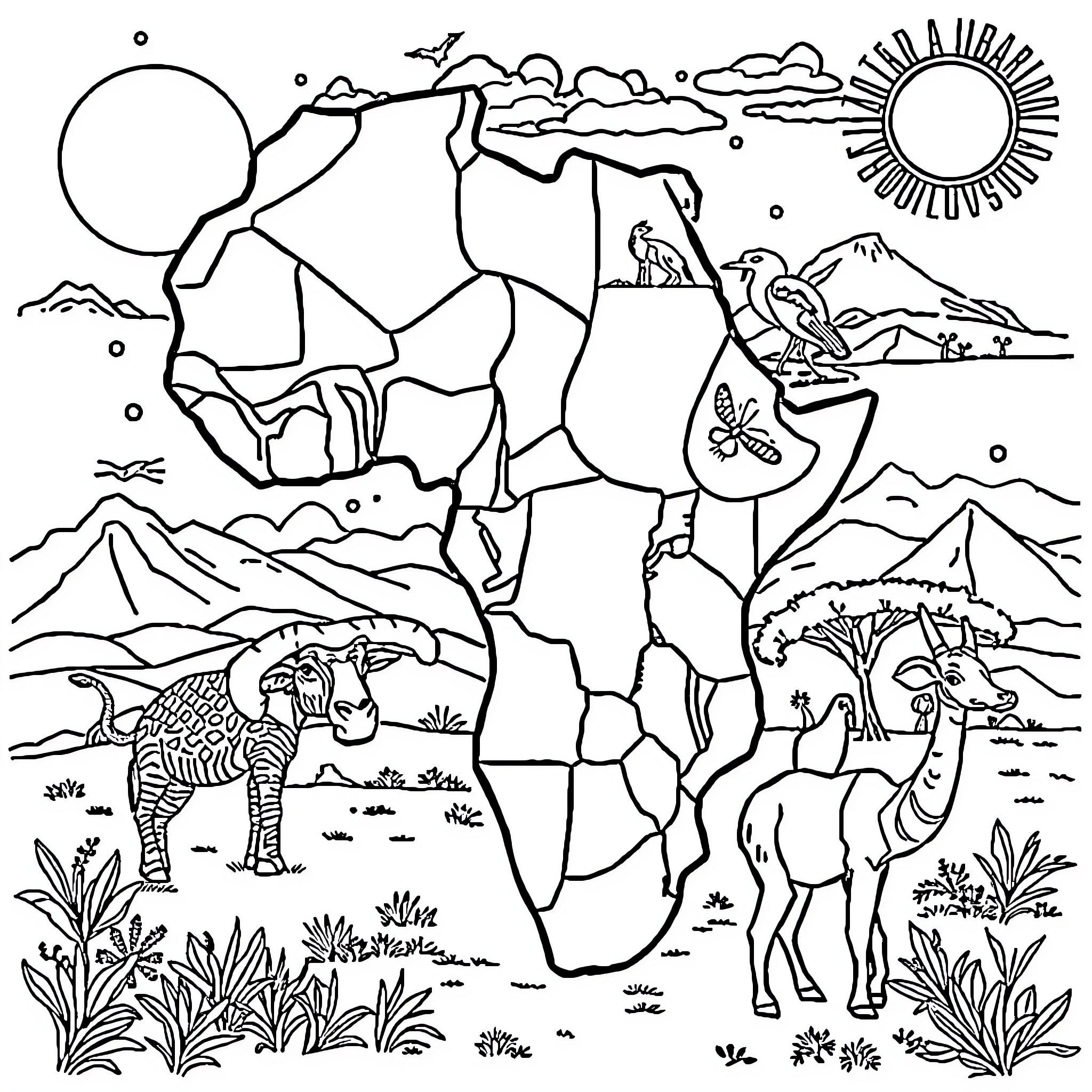 Africa's diverse wildlife and landscapes Coloring Page (free black-and-white line drawing printable PDF for all, from beginners to advanced learners, including children, teens, adults, and seniors)