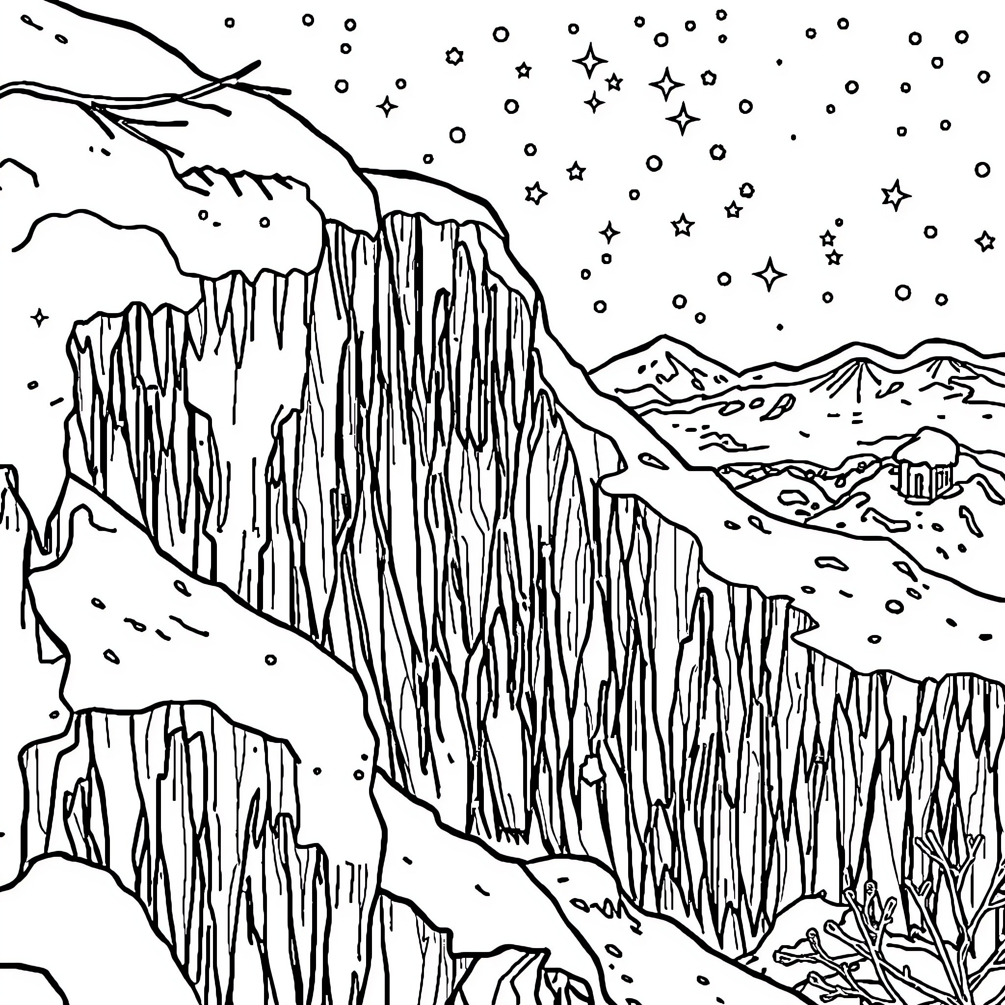 Frozen landscape with mountains and starry night sky Coloring Page (free black-and-white line drawing printable PDF for all, from beginners to advanced learners, including children, teens, adults, and seniors)
