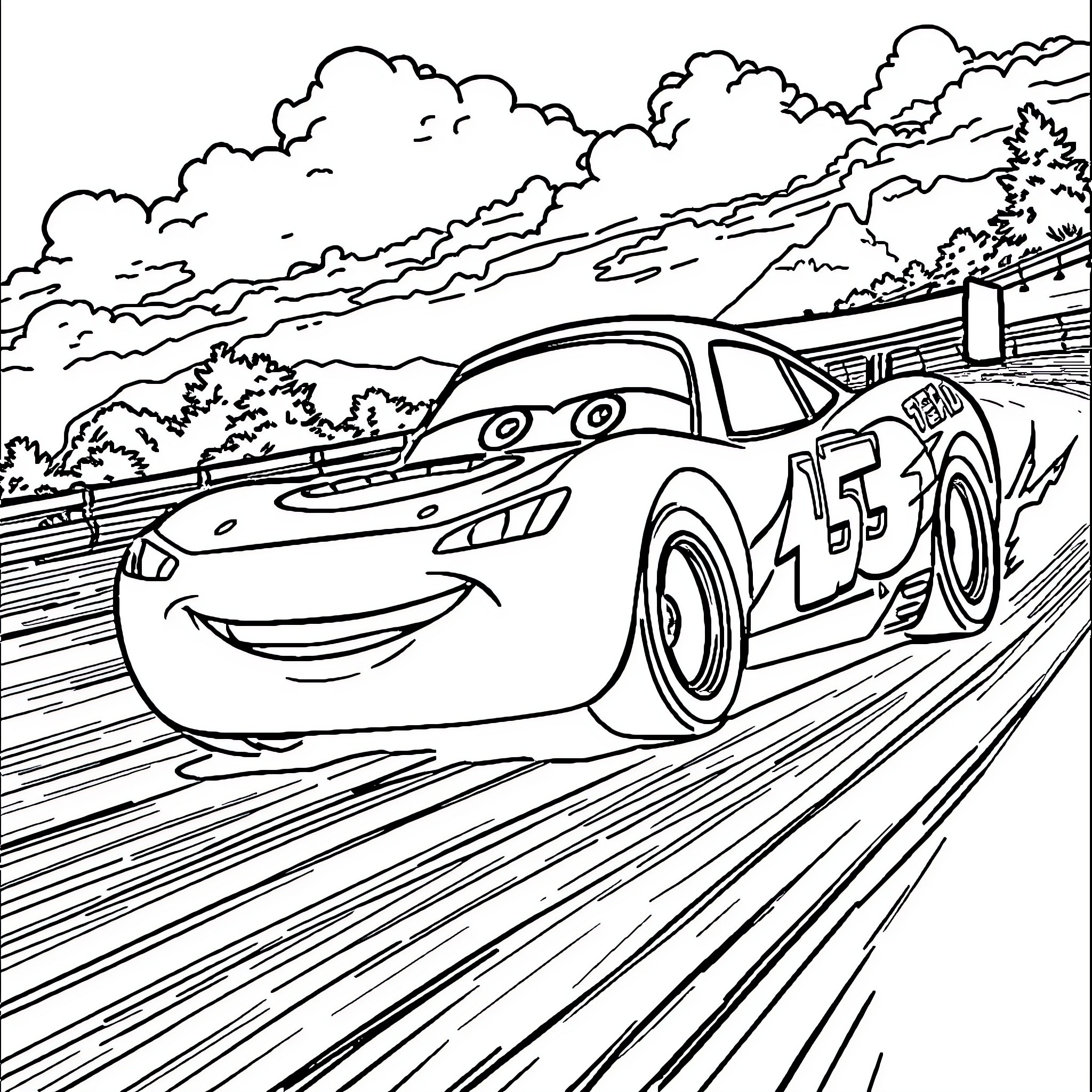 Cars racing at high speed on winding road Coloring Page (free black-and-white line drawing printable PDF for all, from beginners to advanced learners, including children, teens, adults, and seniors)
