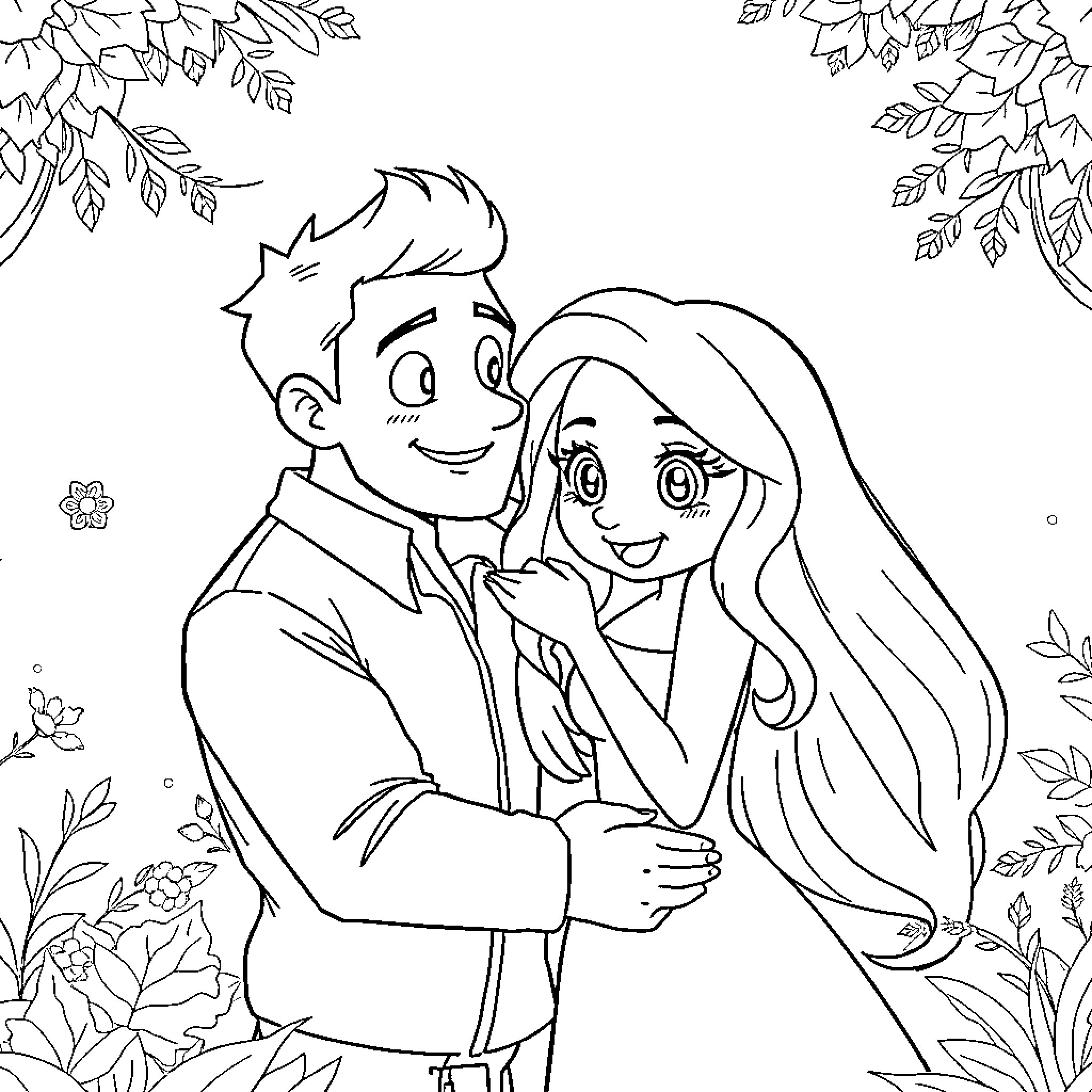 Kim Possible and Ron Stoppable in a romantic scene Coloring Page (free black-and-white line drawing printable PDF for all, from beginners to advanced learners, including children, teens, adults, and seniors)
