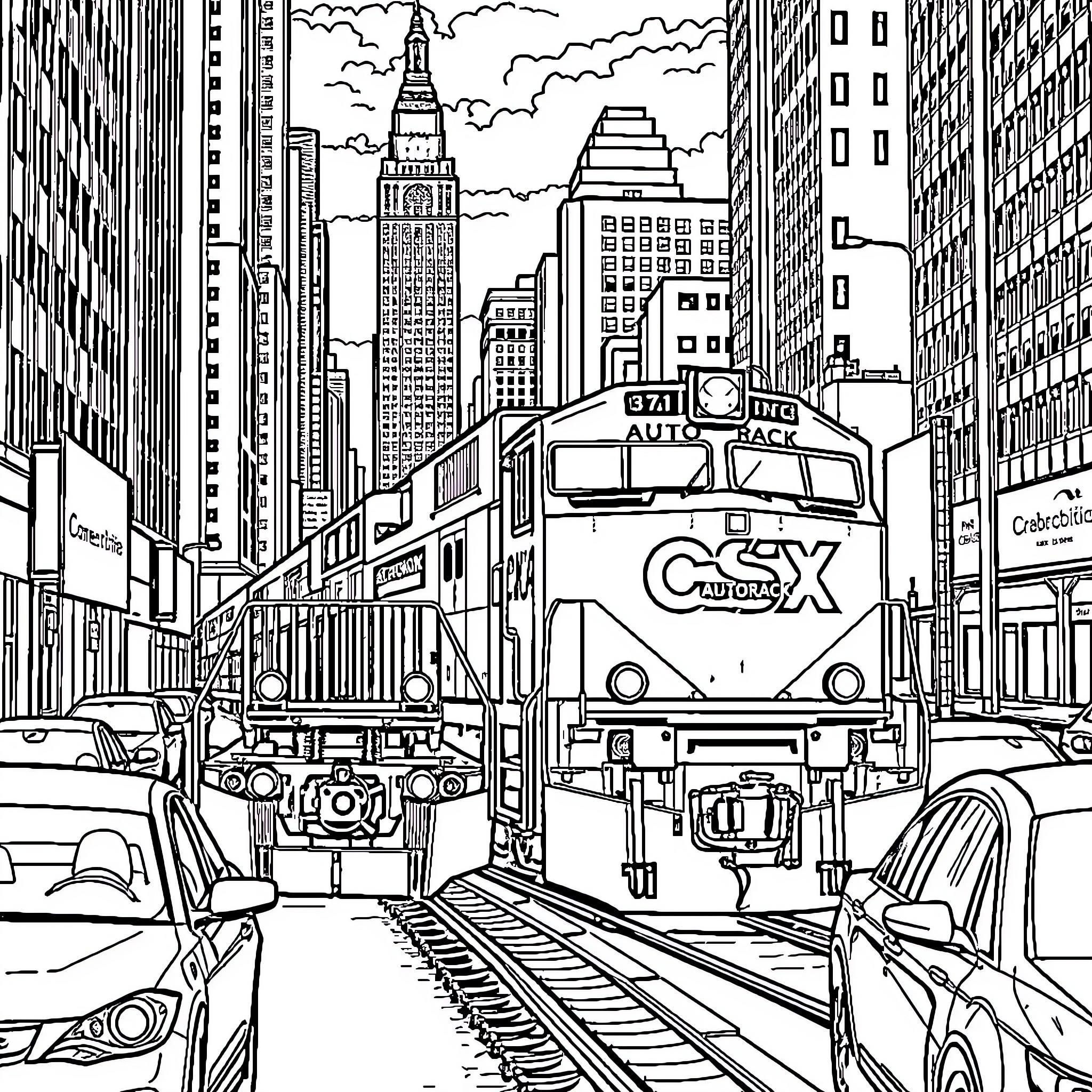 Train Transporting Passengers Through Bustling City Coloring Page (free black-and-white line drawing printable PDF for all, from beginners to advanced learners, including children, teens, adults, and seniors)