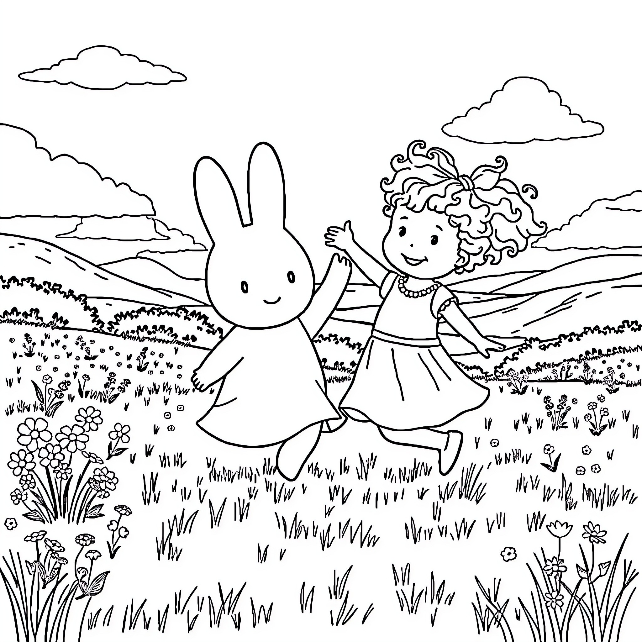 Miffy and the girl explore the meadow together Coloring Page (free black-and-white line drawing printable PDF for all, from beginners to advanced learners, including children, teens, adults, and seniors)