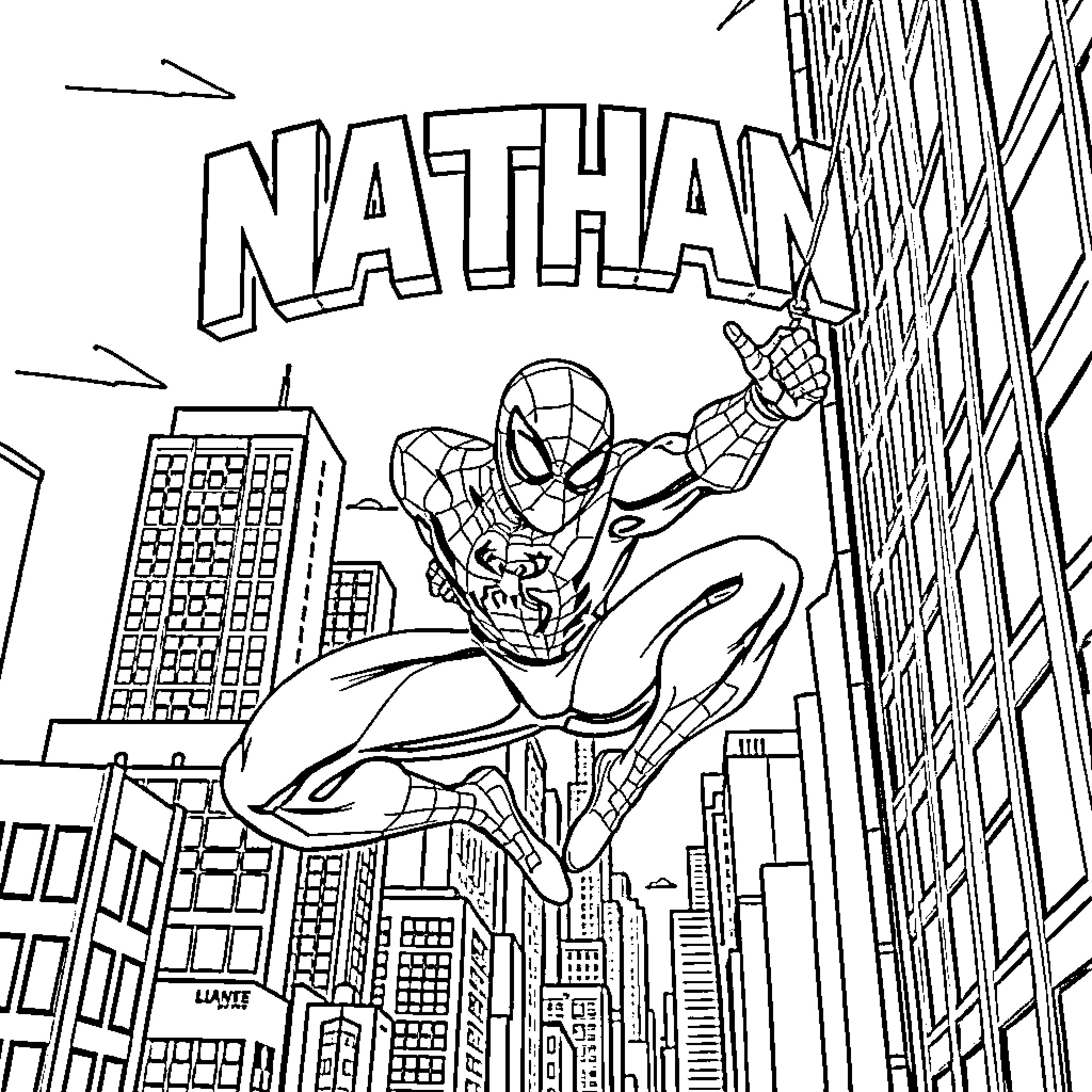 Spiderman swinging through the city skyline Coloring Page (free black-and-white line drawing printable PDF for all, from beginners to advanced learners, including children, teens, adults, and seniors)