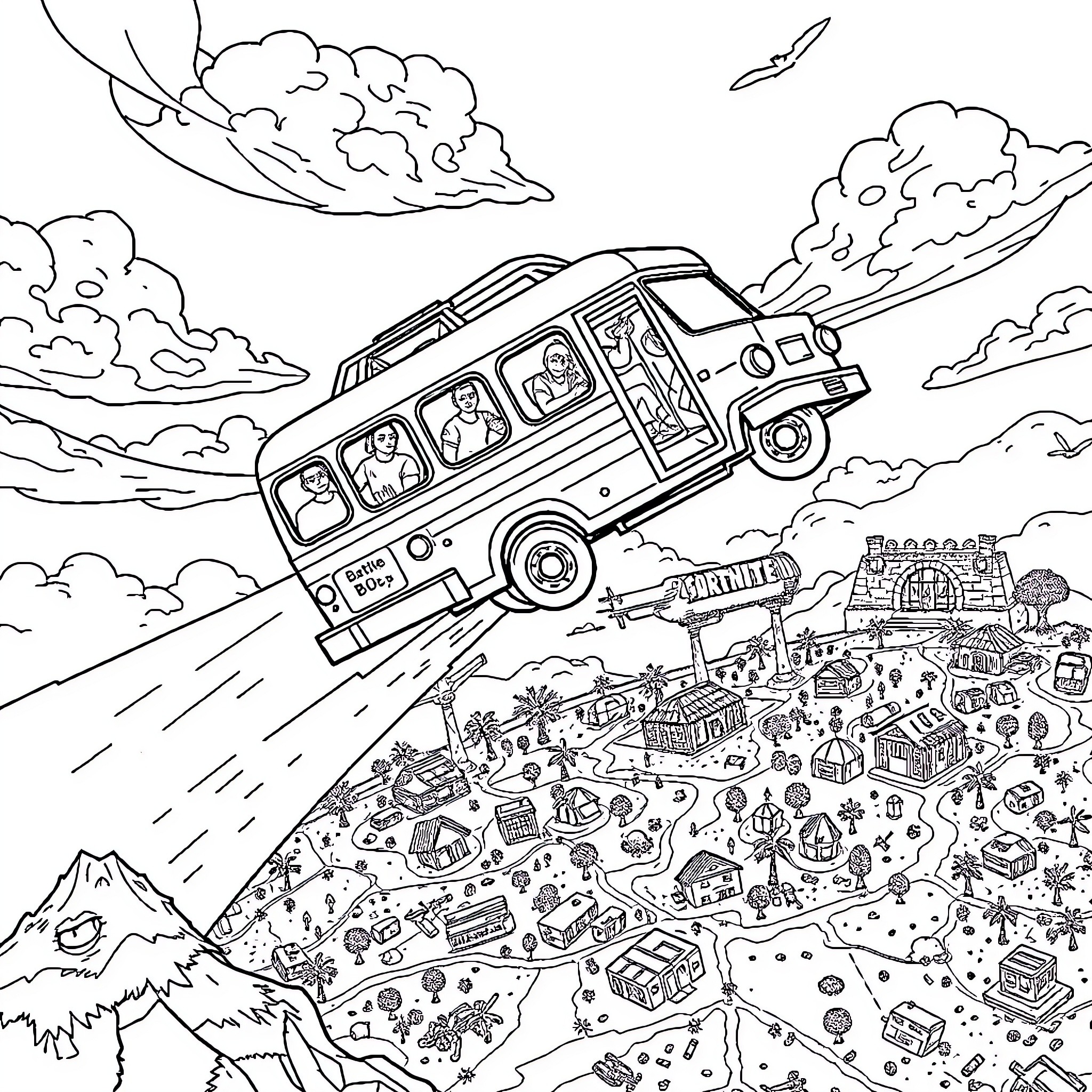 Fortnite Bus Soaring Over Vibrant Landscape Coloring Page (free black-and-white line drawing printable PDF for all, from beginners to advanced learners, including children, teens, adults, and seniors)