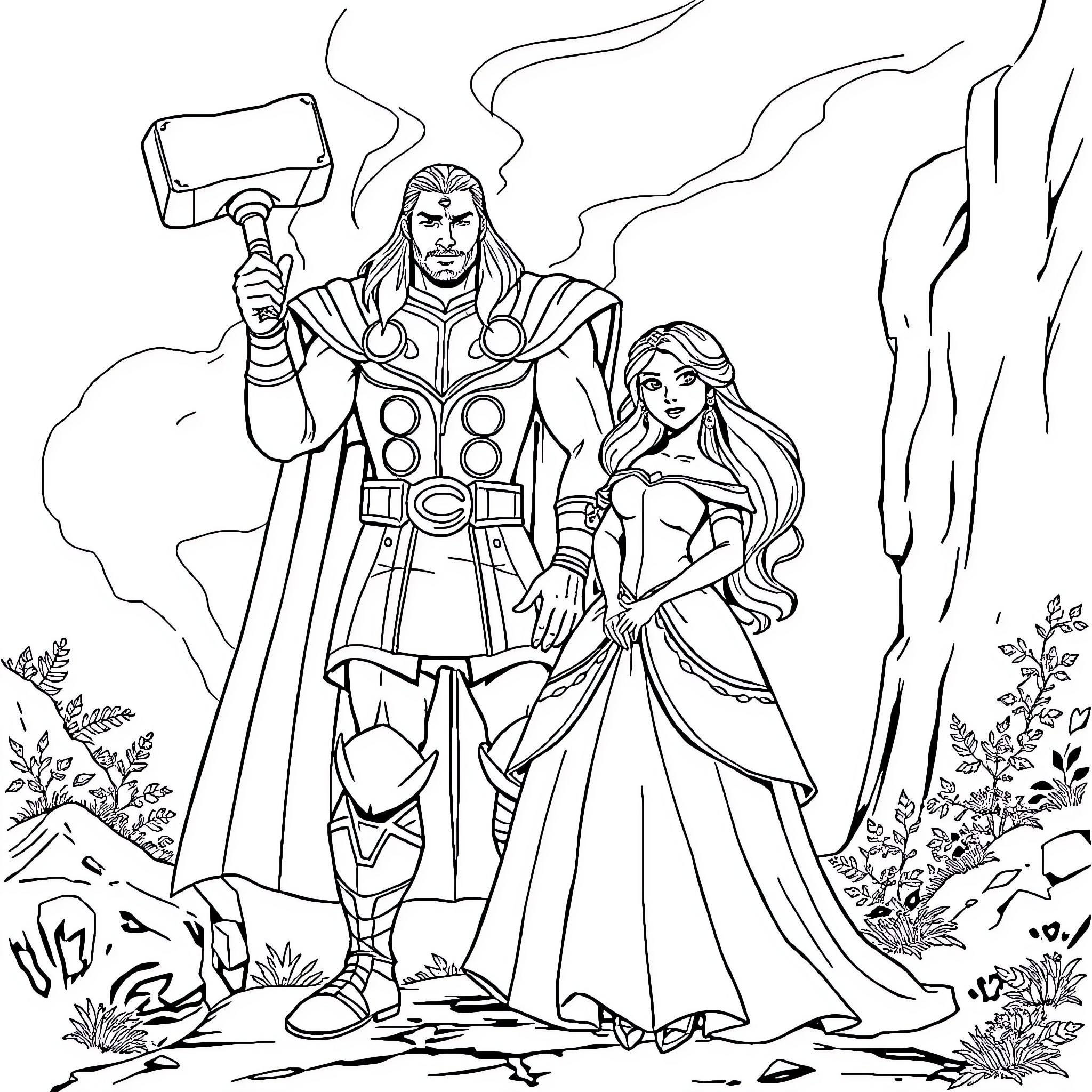 Thor and Lady Warrior in Epic Stance Coloring Page (free black-and-white line drawing printable PDF for all, from beginners to advanced learners, including children, teens, adults, and seniors)