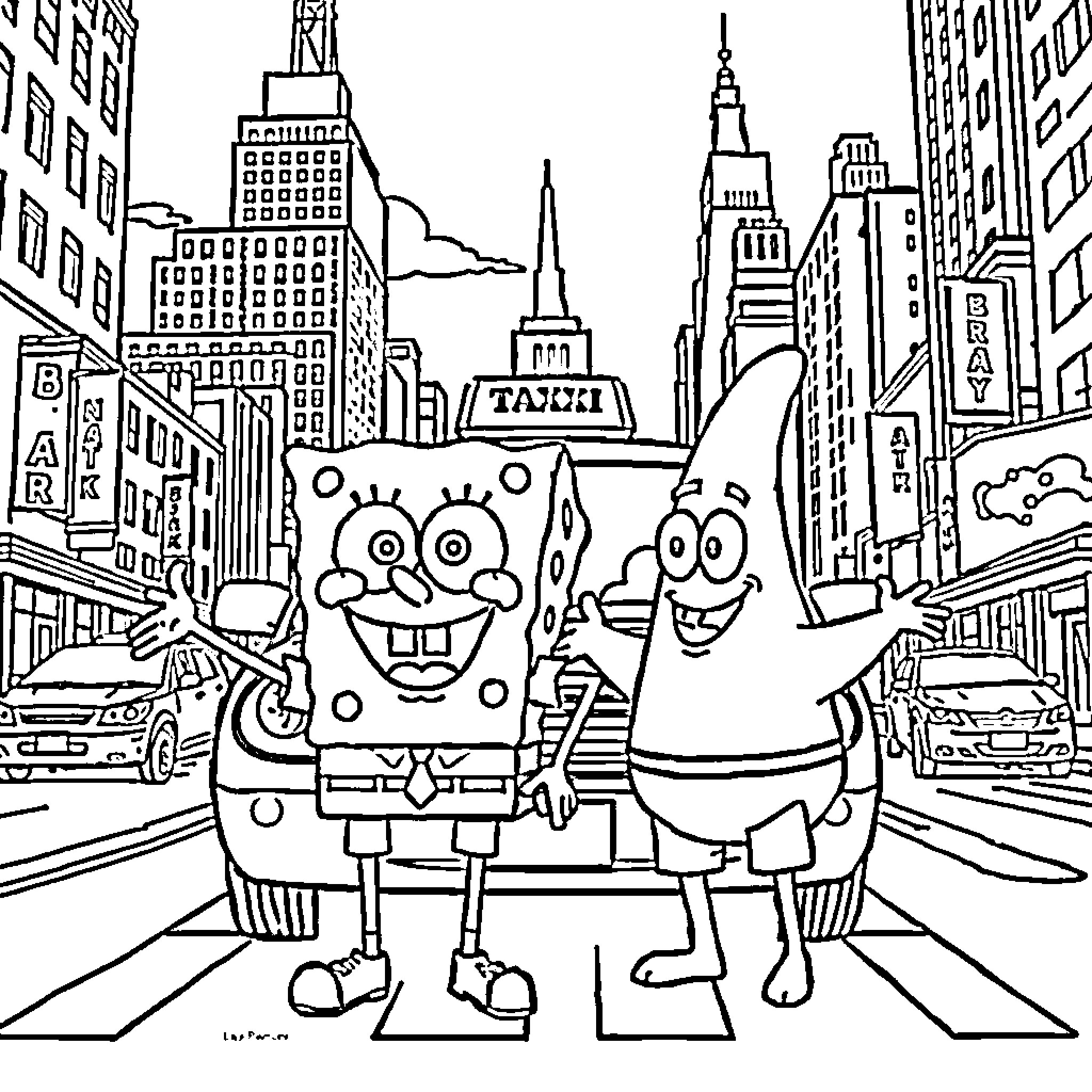 Spongebob and Patrick explore the busy city streets Coloring Page (free black-and-white line drawing printable PDF for all, from beginners to advanced learners, including children, teens, adults, and seniors)