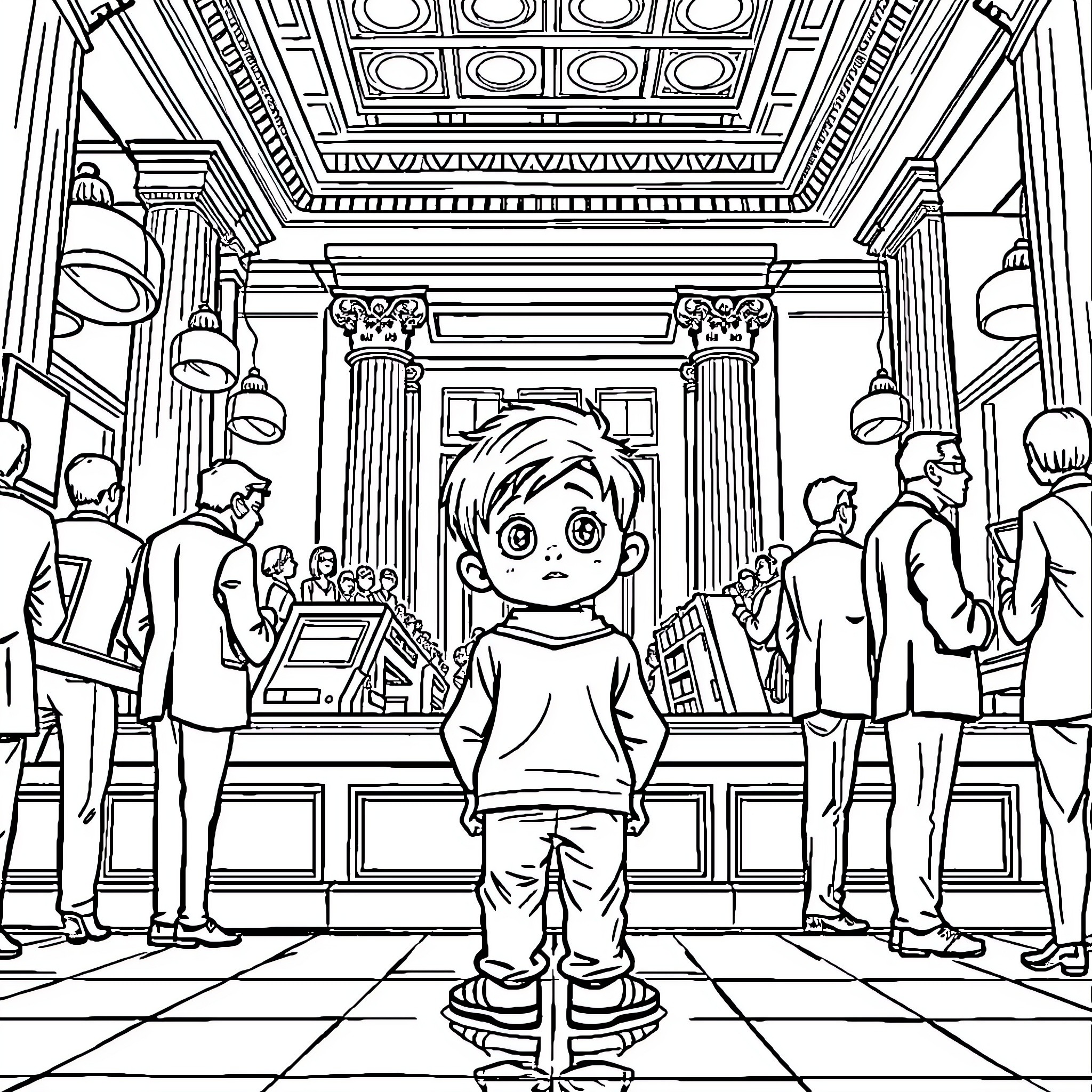 Boy exploring an elegant library interior Coloring Page (free black-and-white line drawing printable PDF for all, from beginners to advanced learners, including children, teens, adults, and seniors)