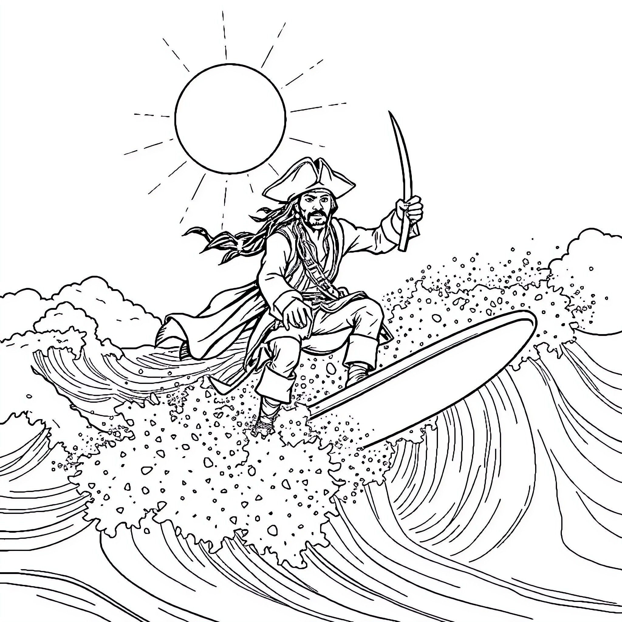 Jack Sparrow Surfing the Mighty Waves Coloring Page (free black-and-white line drawing printable PDF for all, from beginners to advanced learners, including children, teens, adults, and seniors)